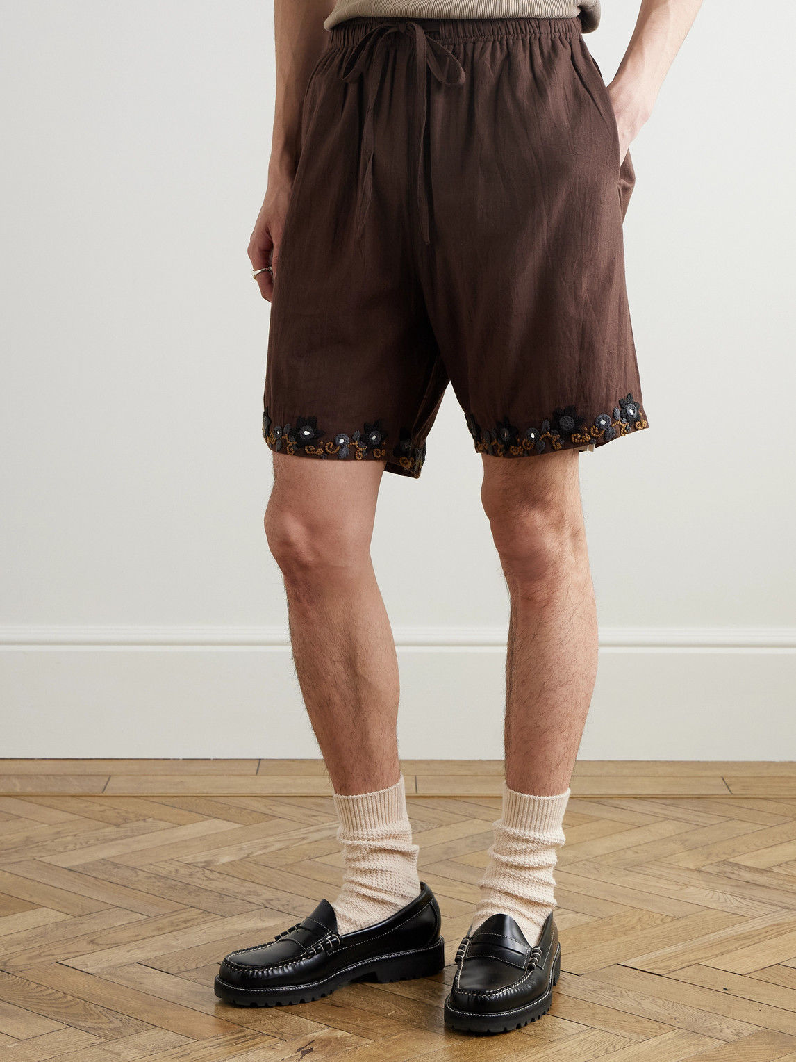 Shop Kartik Research Embellished Embroidered Cotton Shorts In Brown