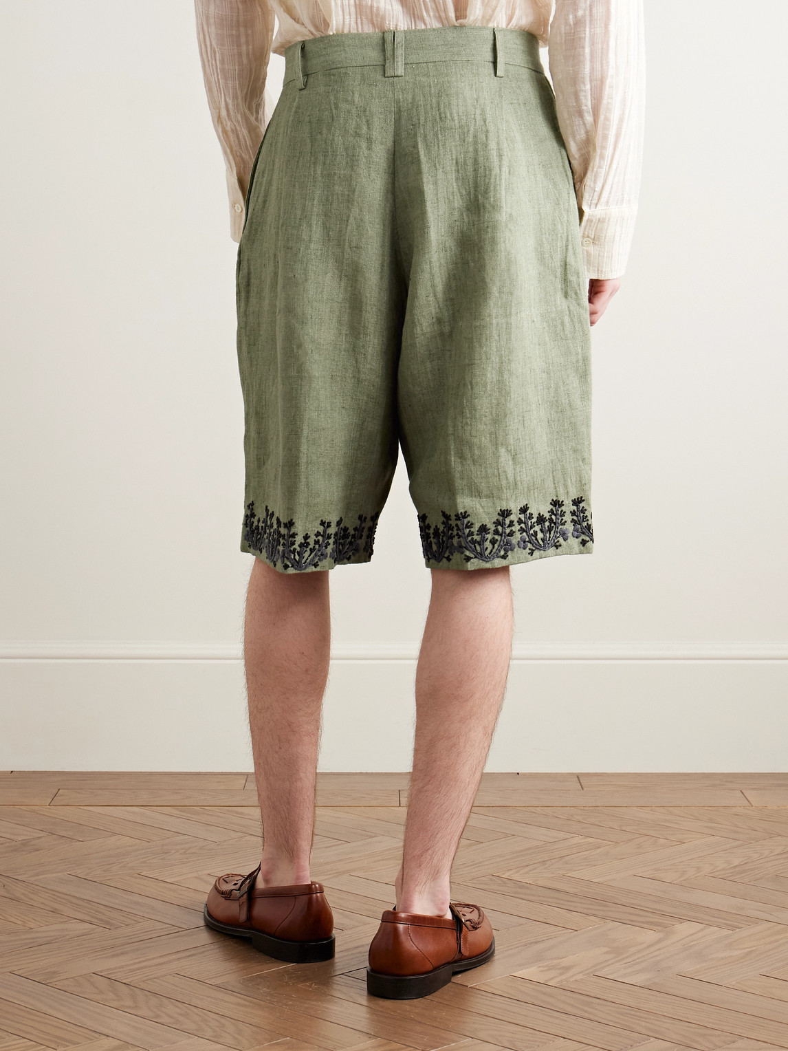 Shop Kartik Research Wide-leg Pleated Embellished Embroidered Cotton Shorts