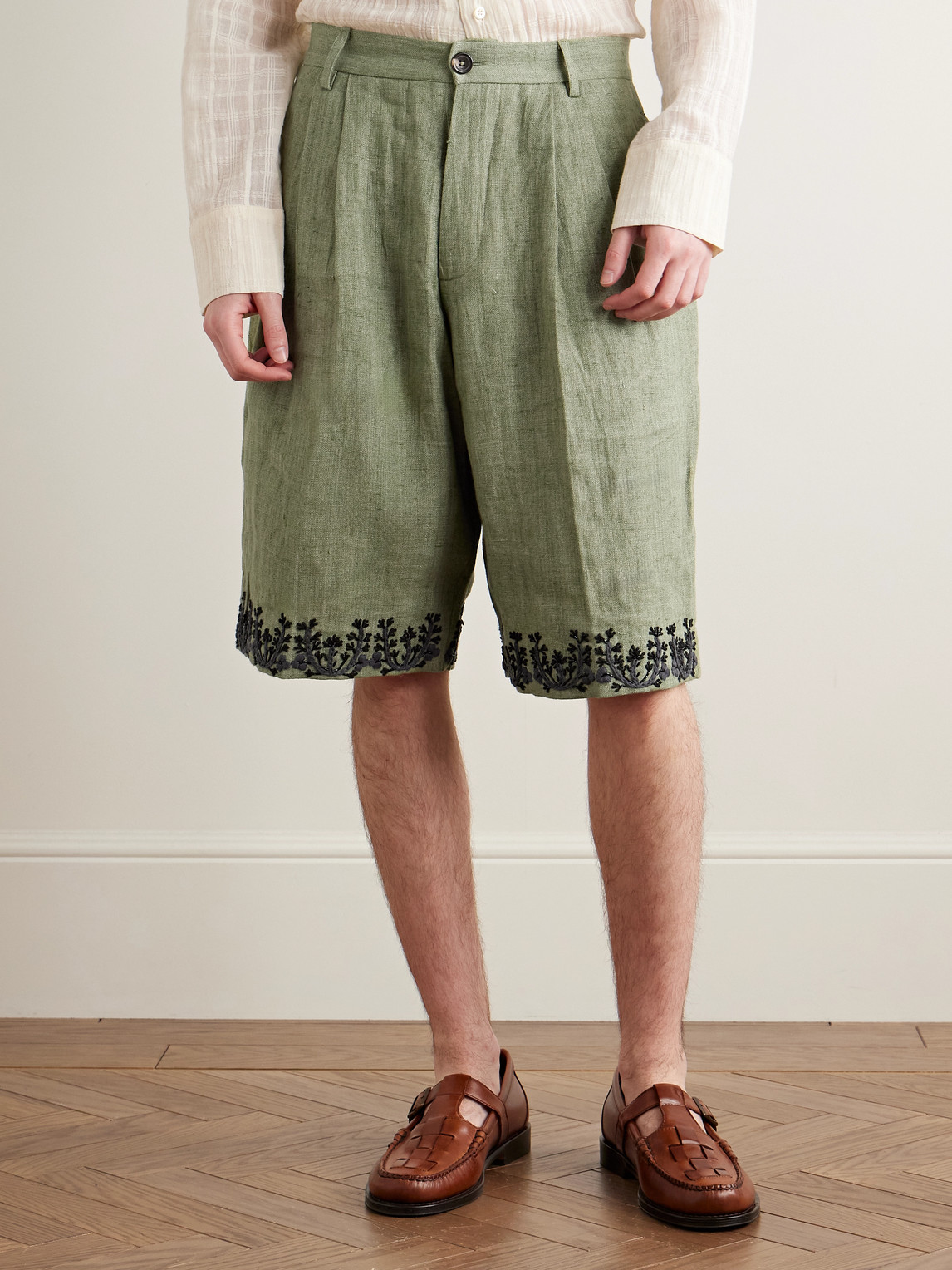 Shop Kartik Research Wide-leg Pleated Embellished Embroidered Cotton Shorts