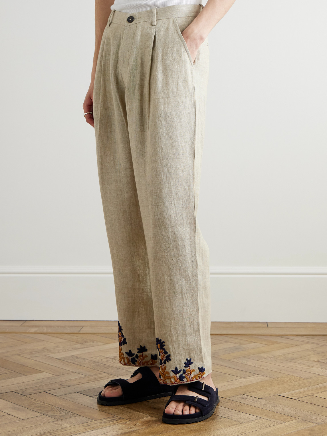 KARTIK RESEARCH STRAIGHT-LEG EMBROIDERED LINEN TROUSERS