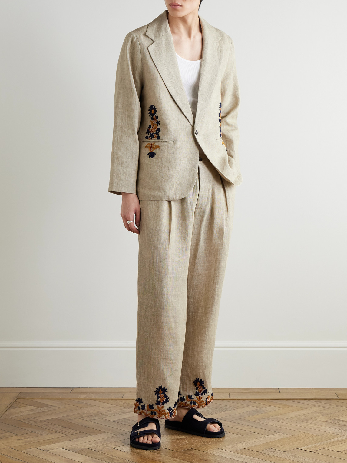 KARTIK RESEARCH STRAIGHT-LEG EMBROIDERED LINEN TROUSERS