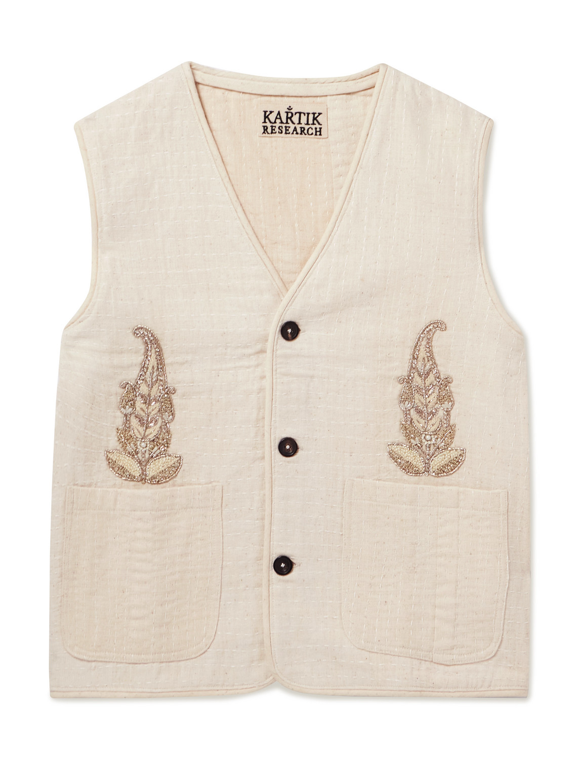 Kartik Research Kantha Embellished Embroidered Cotton Vest In Neutrals