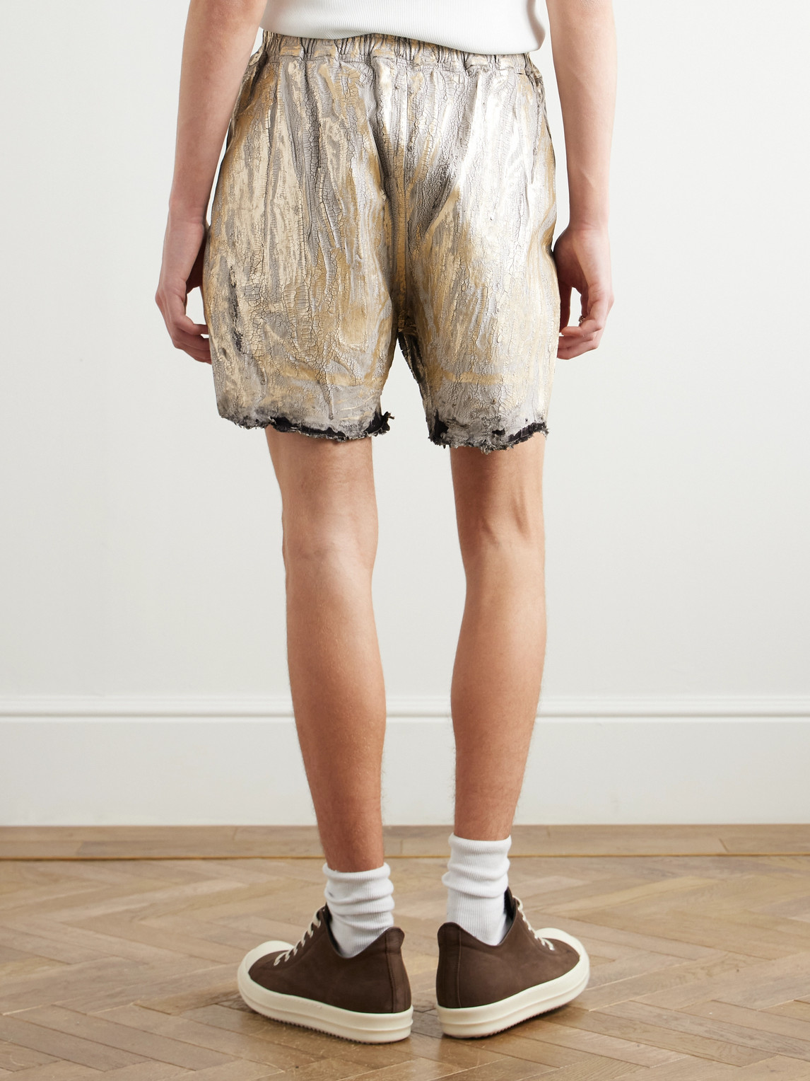 Rick Owens Blister Straight-leg Frayed Metallic Megacrust Stretch-denim Drawstring Shorts In Gold