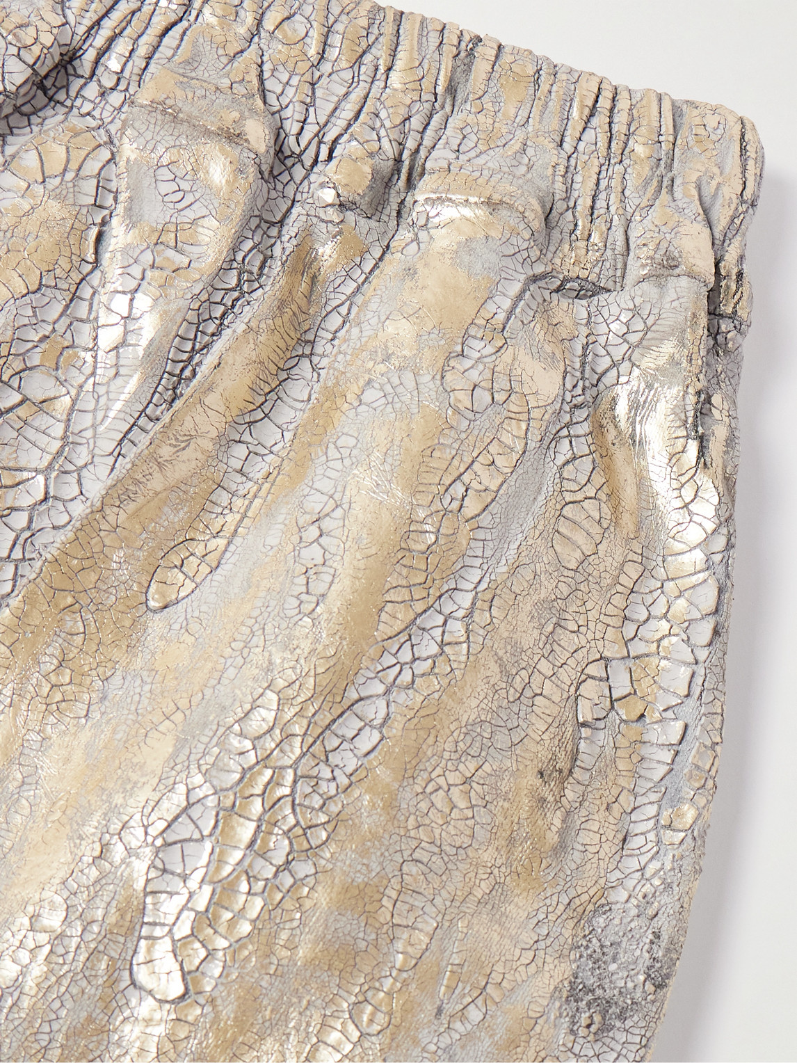 Rick Owens Blister Straight-leg Frayed Metallic Megacrust Stretch-denim Drawstring Shorts In Gold