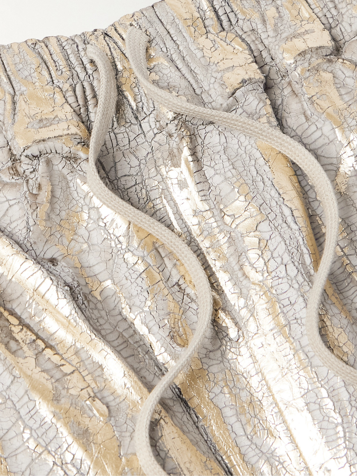Rick Owens Blister Straight-leg Frayed Metallic Megacrust Stretch-denim Drawstring Shorts In Gold