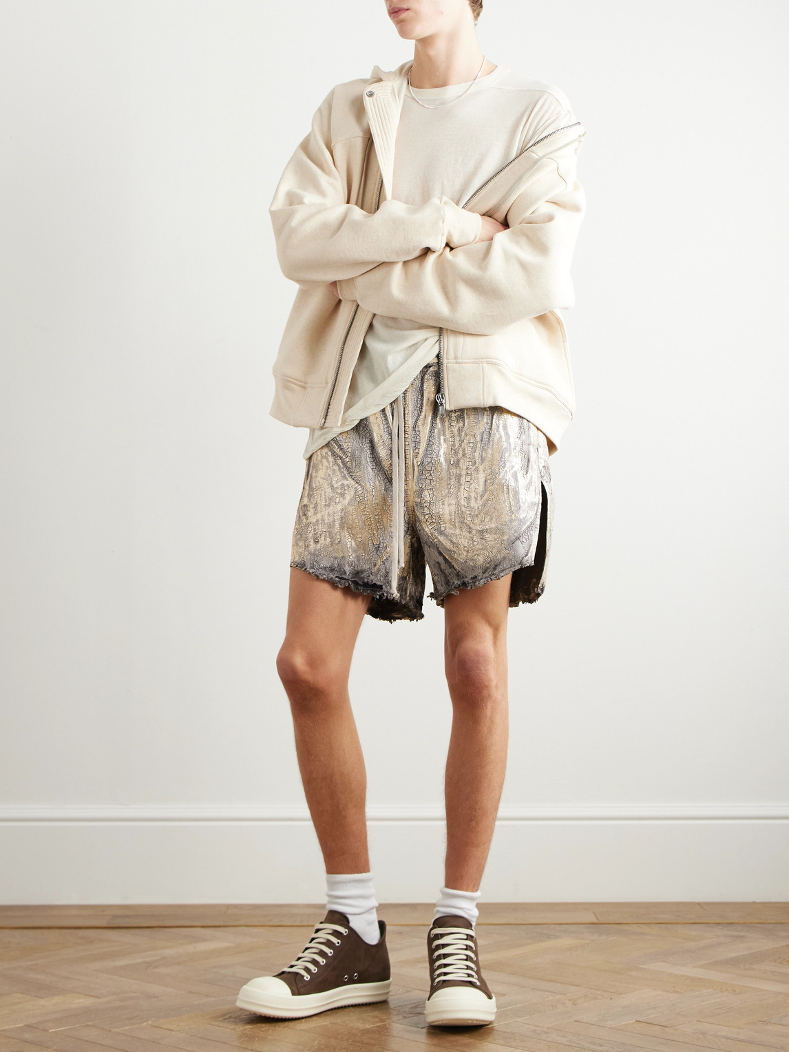 Rick Owens Blister Straight-leg Frayed Metallic Megacrust Stretch-denim Drawstring Shorts In Gold