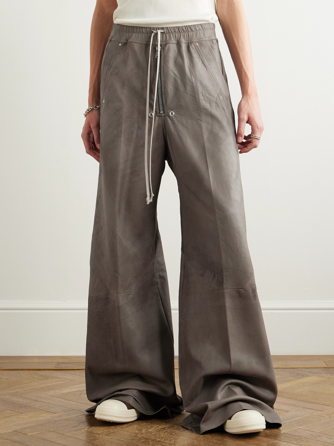 Rick Owens Bella Wide-leg Leather Drawstring Trousers In Gray