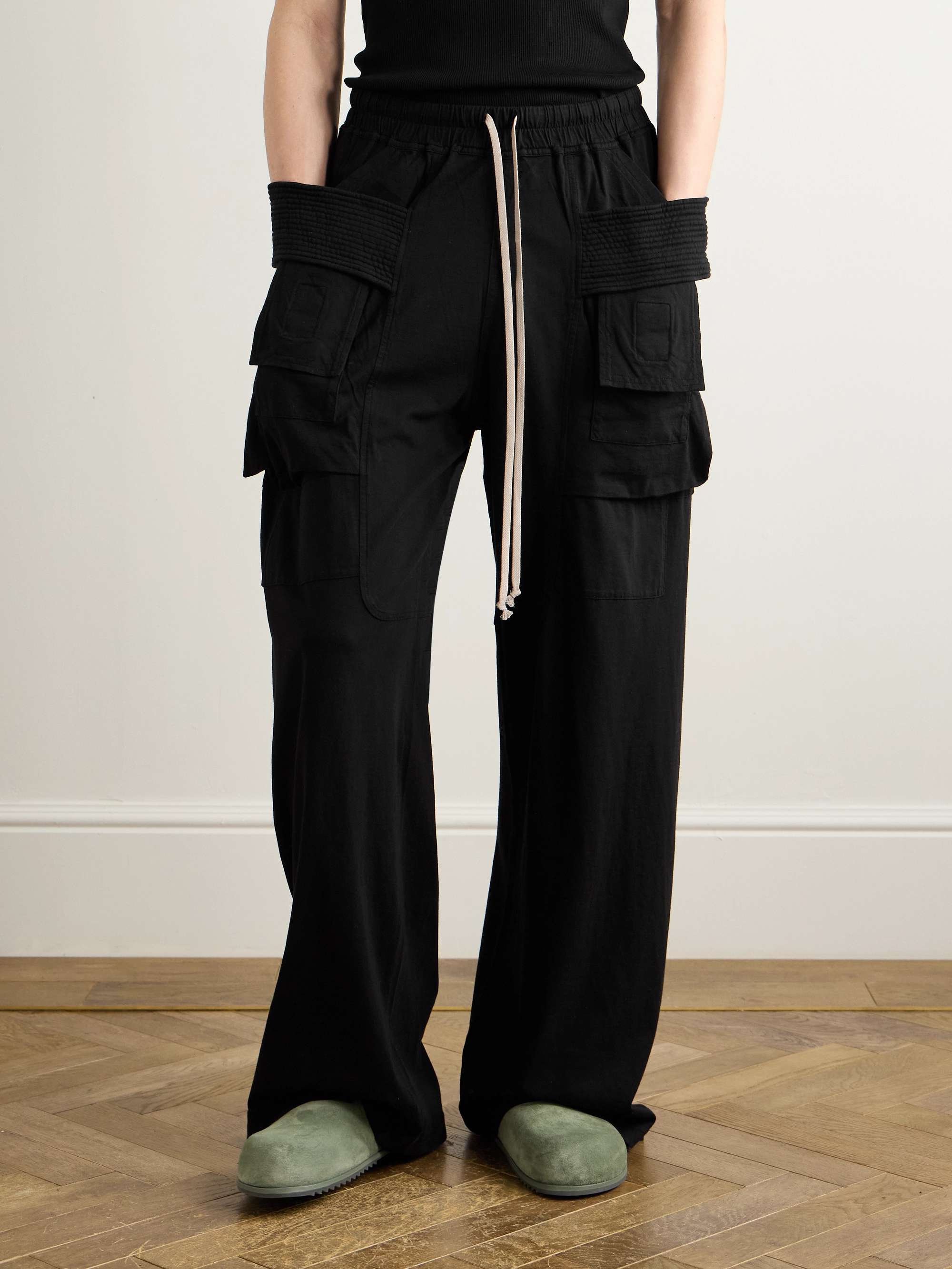 Black Creatch Wide-Leg Cotton-Twill Drawstring Cargo