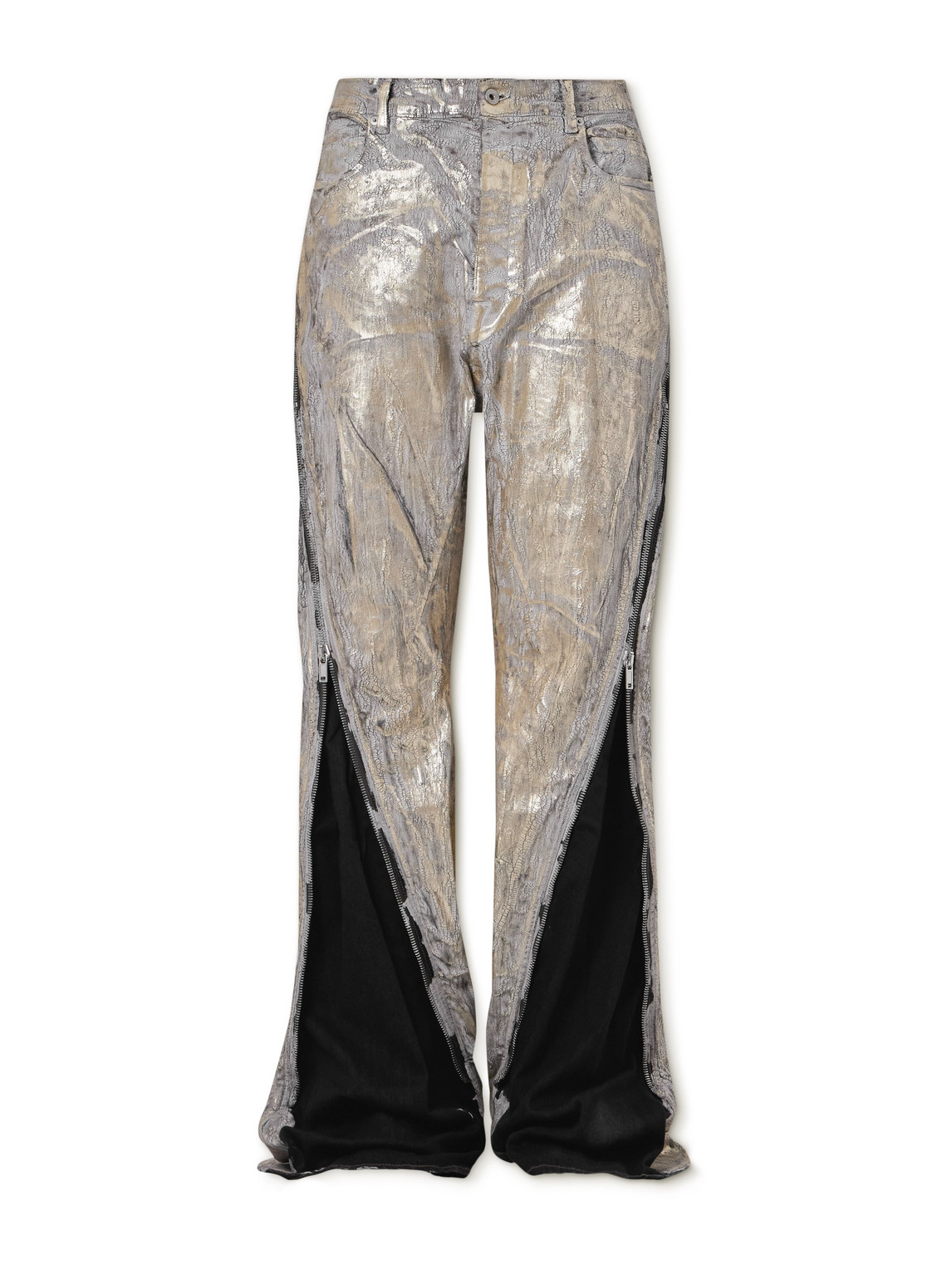 Rick Owens Bolan Flared Zip-embellished Distressed Metallic Jeans In Gold