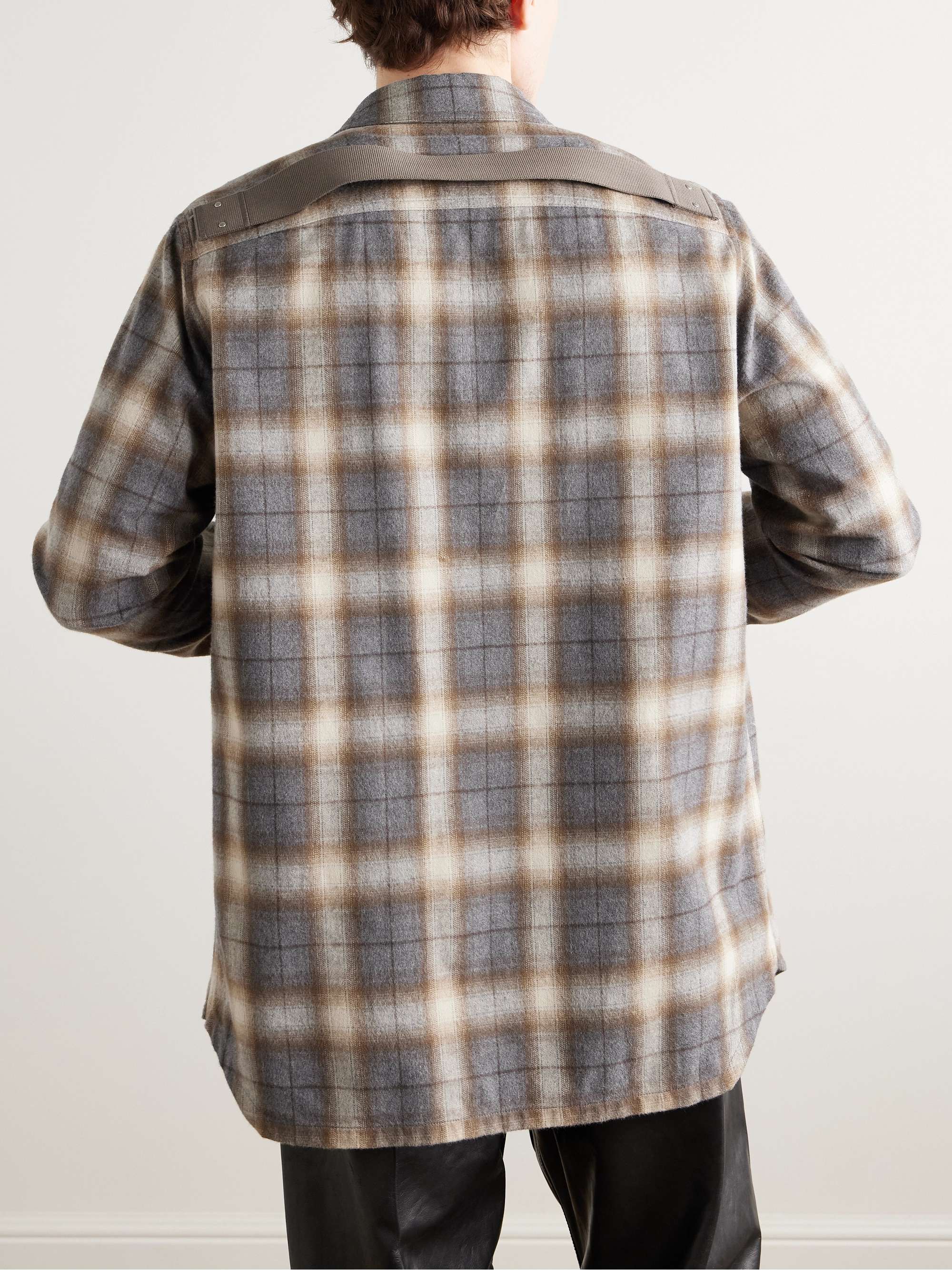 RICK OWENS Webbing-Trimmed Checked Cotton-Flannel Overshirt RICK OWENS Webbing-Trimmed Checked Cotton-Flannel Overshirt