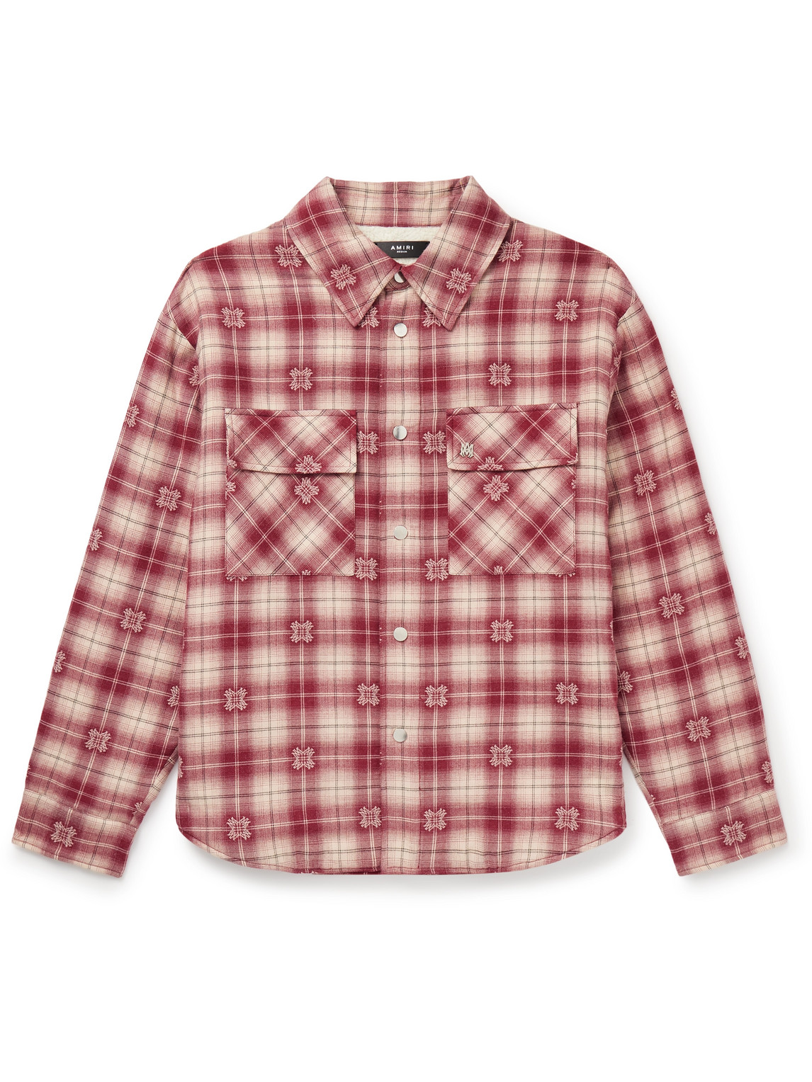 Amiri Fleece-lined Padded Checked Cotton-jacquard Overshirt In Red