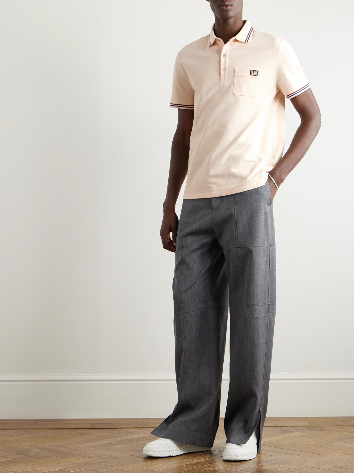 Valentino Cotton Piqué Polo Shirt With V-logo Patch In Neutral