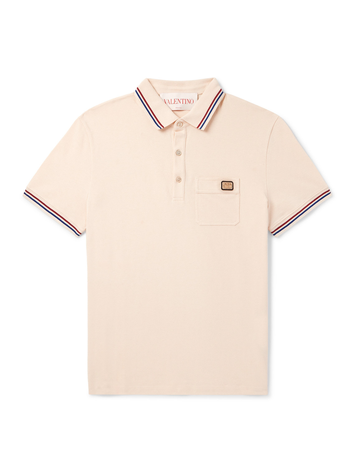 Valentino Cotton Piqué Polo Shirt With V-logo Patch In Neutral