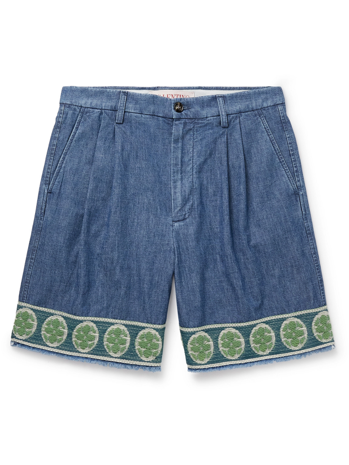 Wide-Leg Pleated Embroidered Denim Shorts