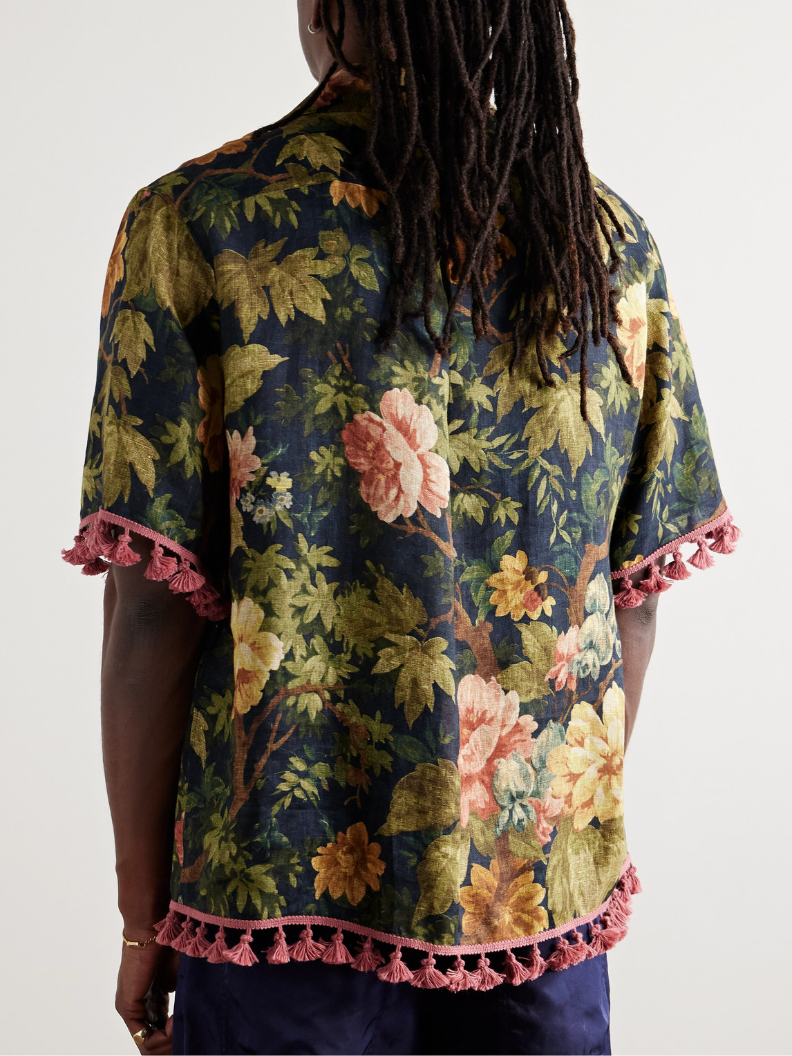Shop Valentino Camp-collar Tasselled Floral-print Linen Shirt In Green