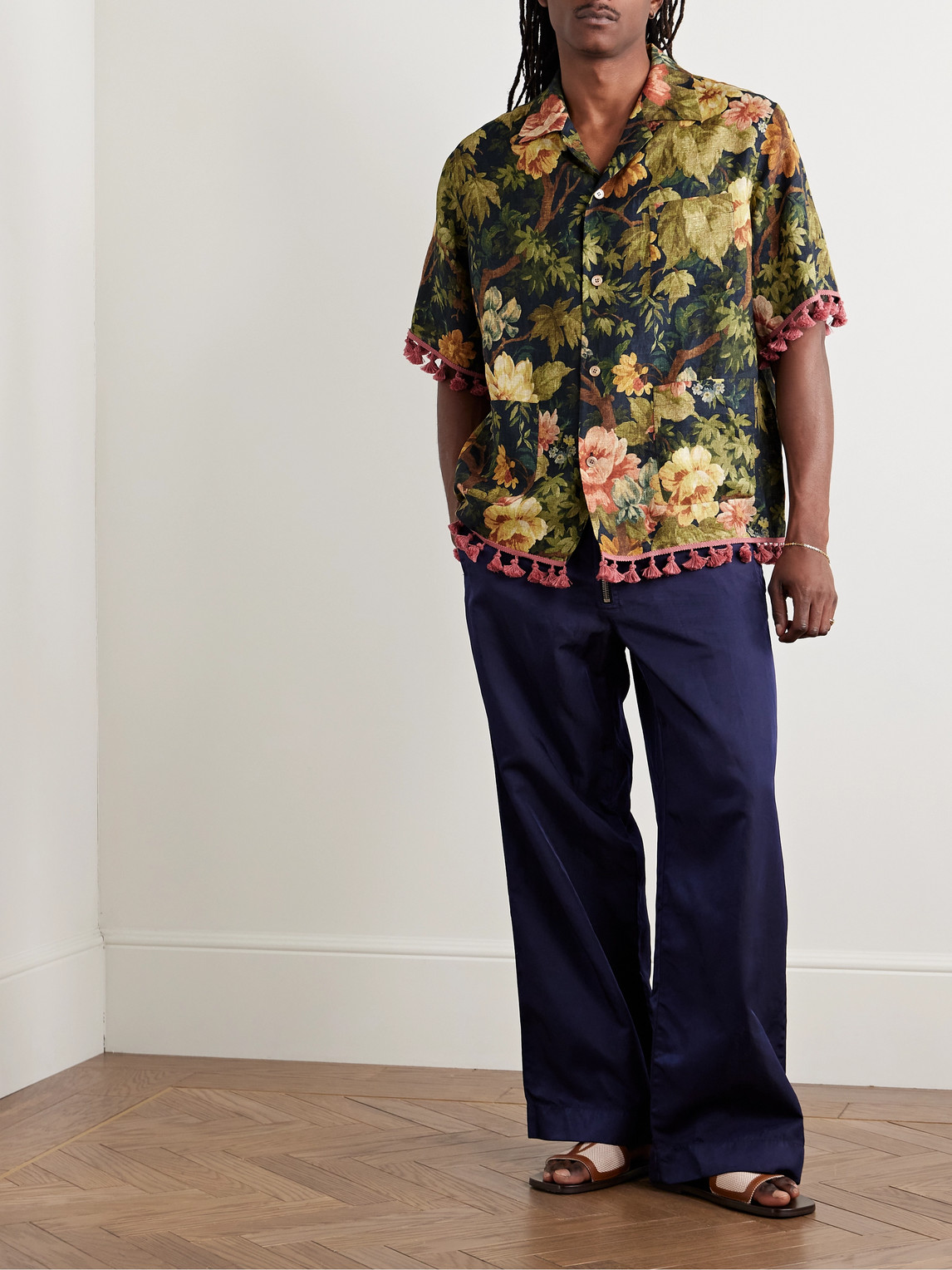 Shop Valentino Camp-collar Tasselled Floral-print Linen Shirt In Green