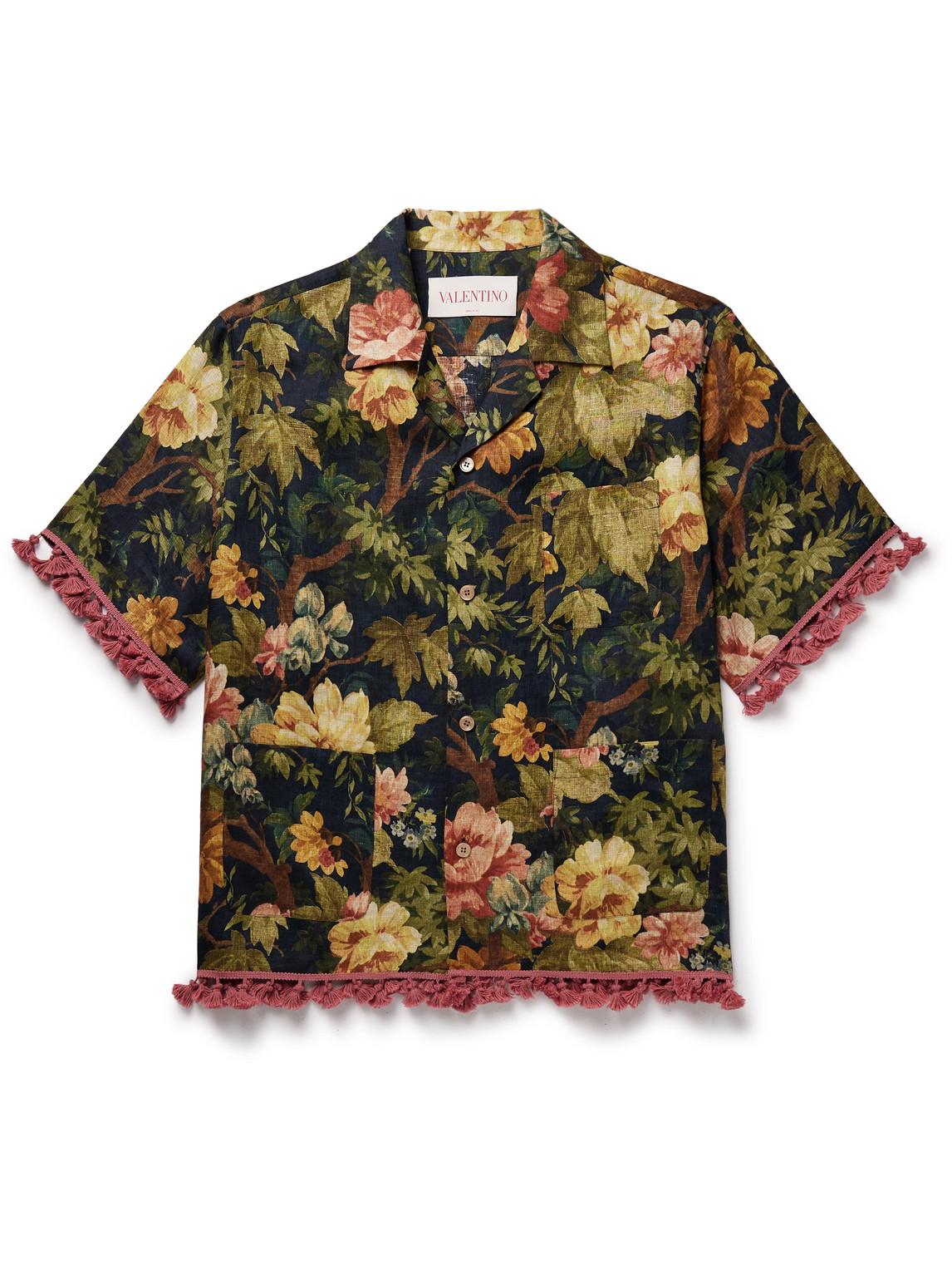 Shop Valentino Camp-collar Tasselled Floral-print Linen Shirt In Green