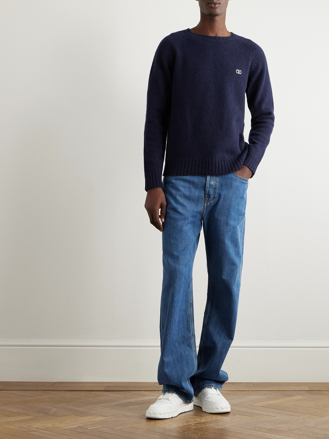 Shop Valentino Logo-embroidered Wool Sweater In Blue