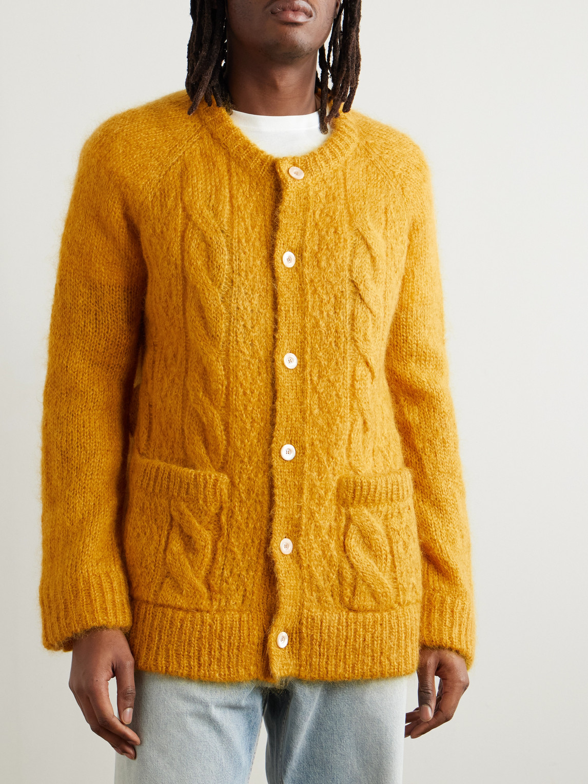 Valentino Mens Patch-pocket Mohair-blend Cable Knit Cardigan Ocra In Orange