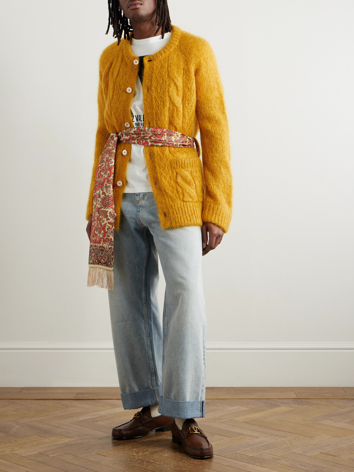 Valentino Mens Patch-pocket Mohair-blend Cable Knit Cardigan Ocra In Orange