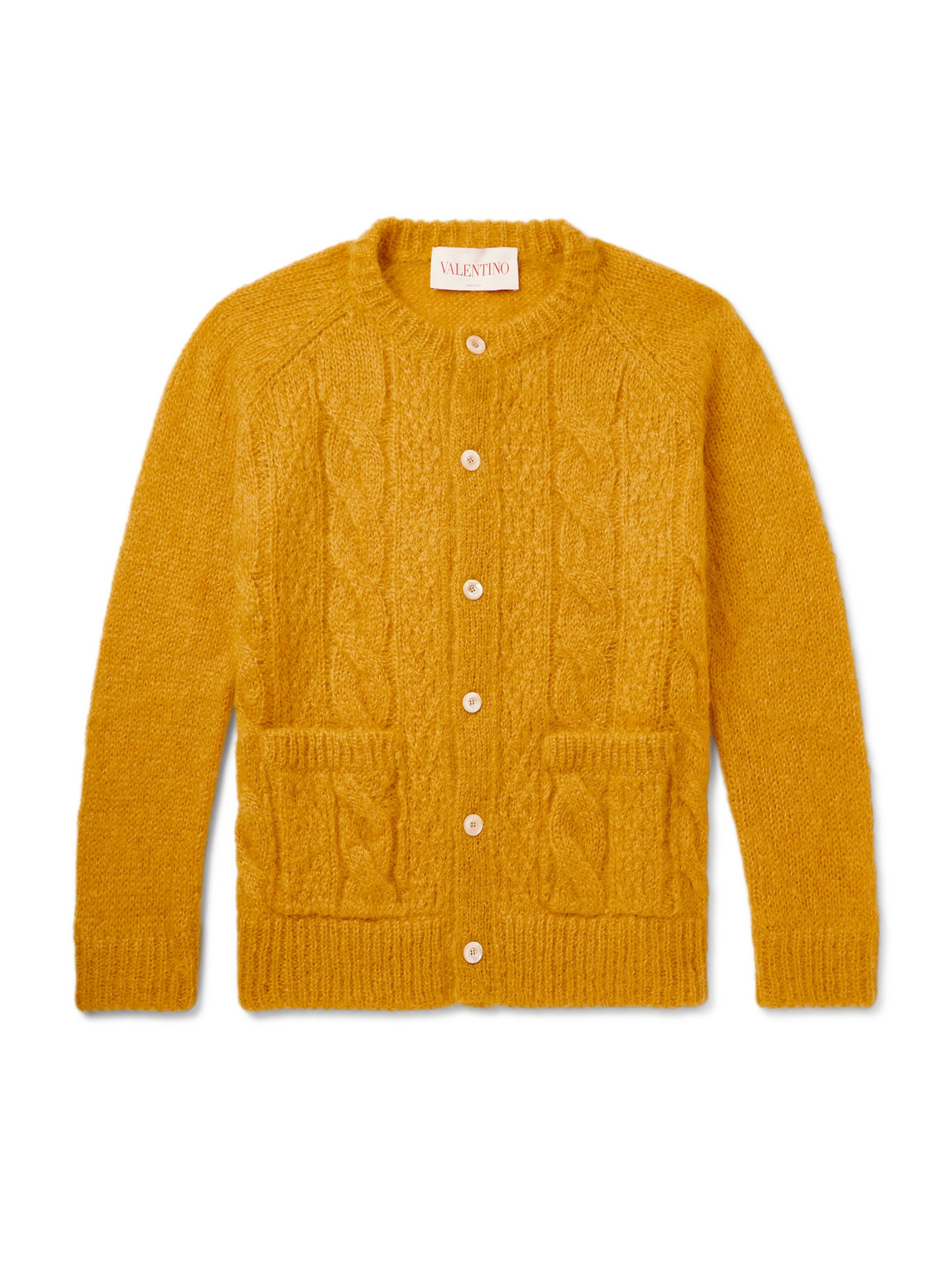 Valentino Mens Patch-pocket Mohair-blend Cable Knit Cardigan Ocra In Orange