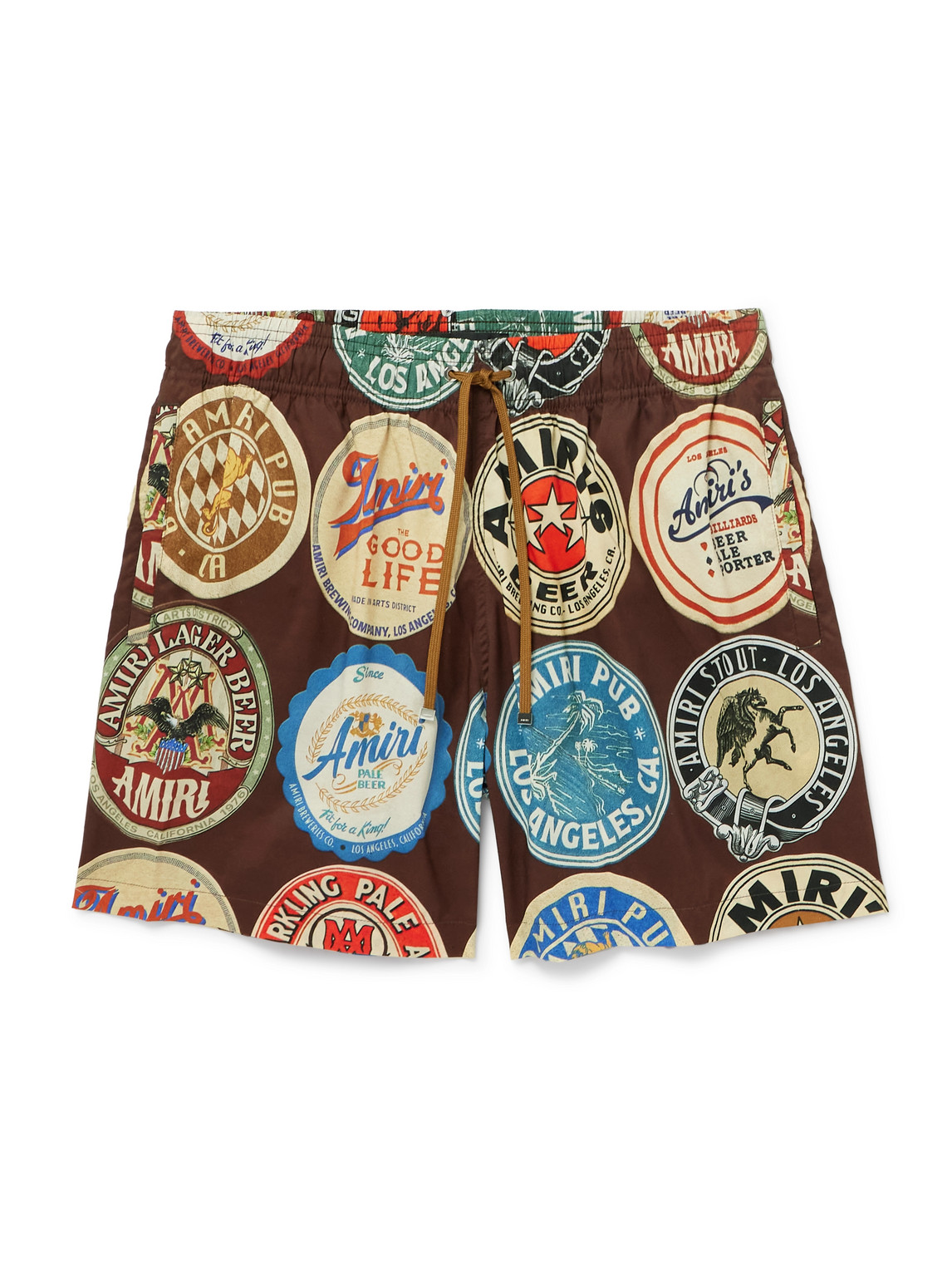 Shop Amiri Coasters Straight-leg Mid-length Logo-print Swim Shorts In Brown