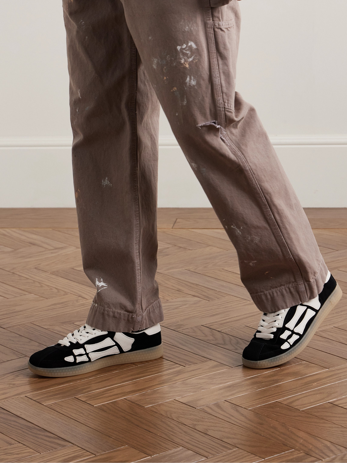 Shop Amiri Pacific Bones Appliquéd Suede And Full-grain Leather Sneakers In Black
