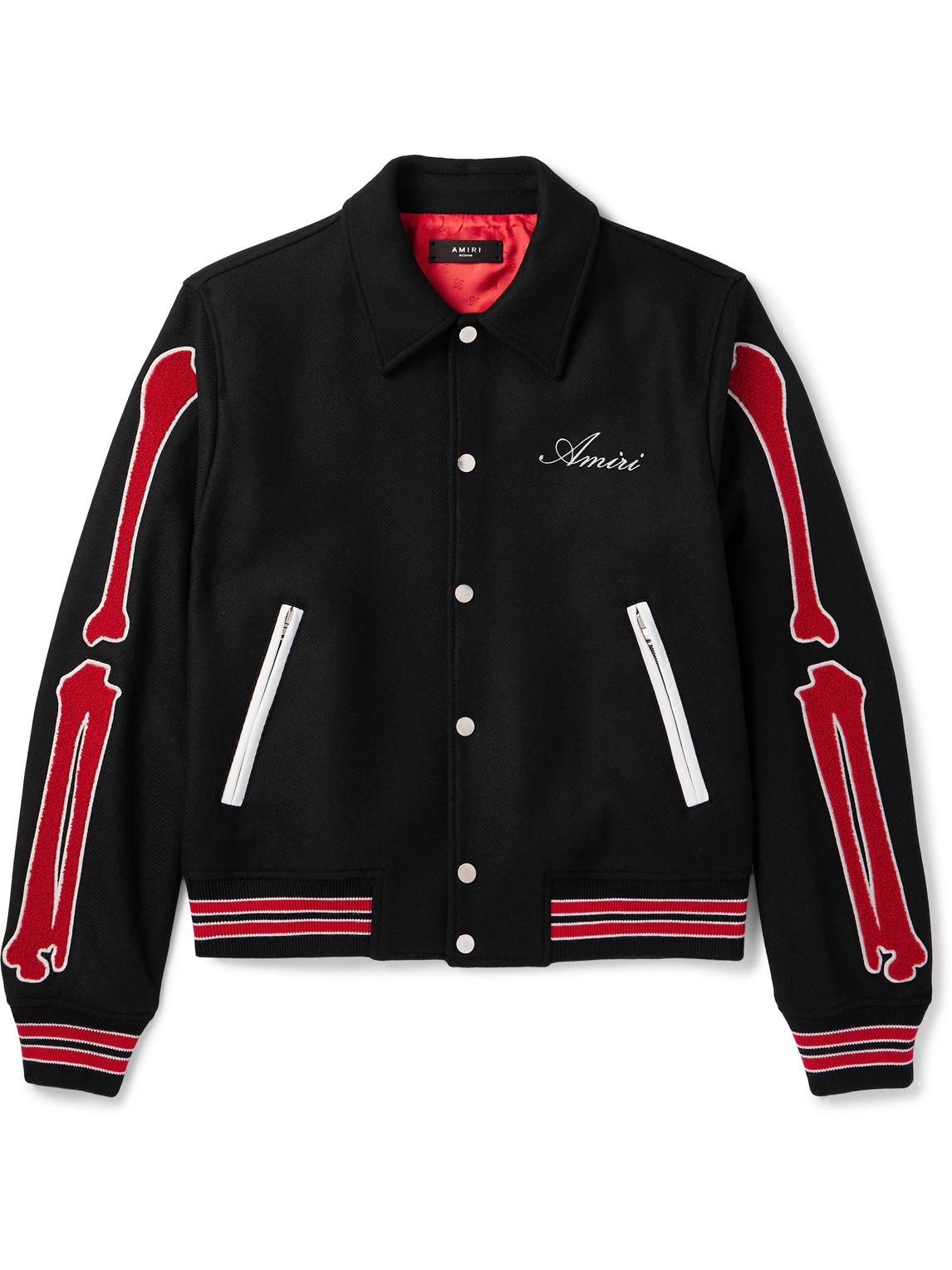 Bones Leather-Trimmed Appliquéd Logo-Embroidered Wool-Blend Twill Varsity Jacket