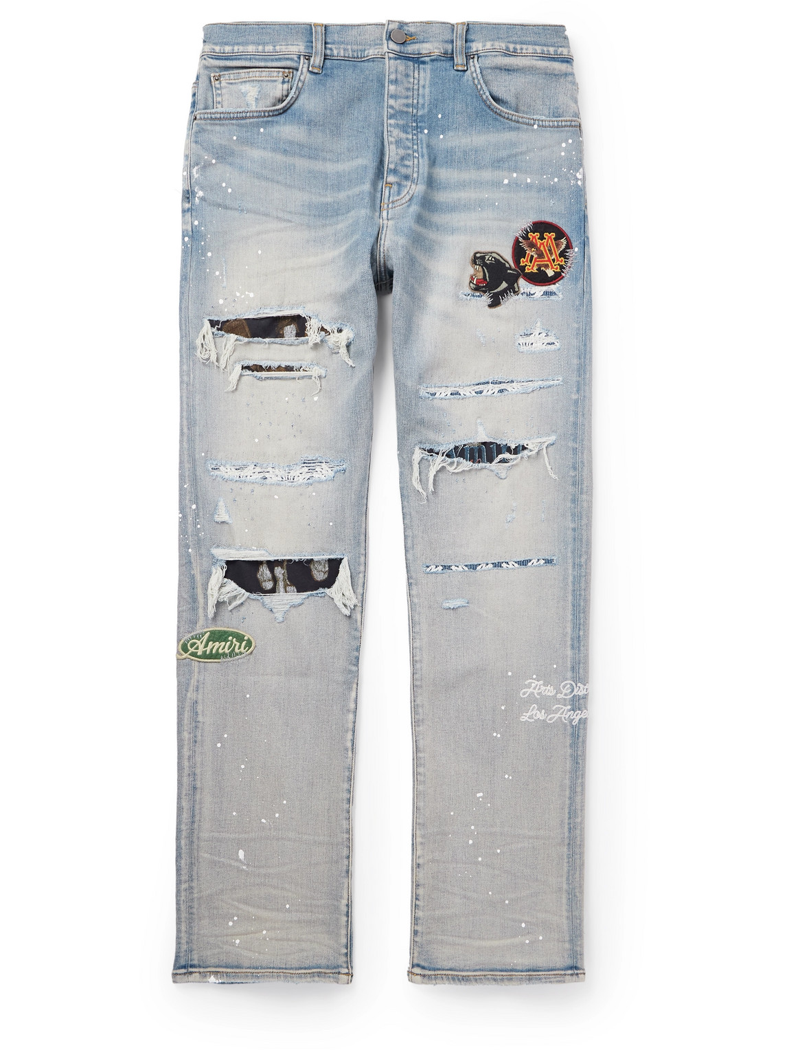 AMIRI SKINNY-FIT APPLIQUÉD DISTRESSED PAINT-SPLATTERED JEANS