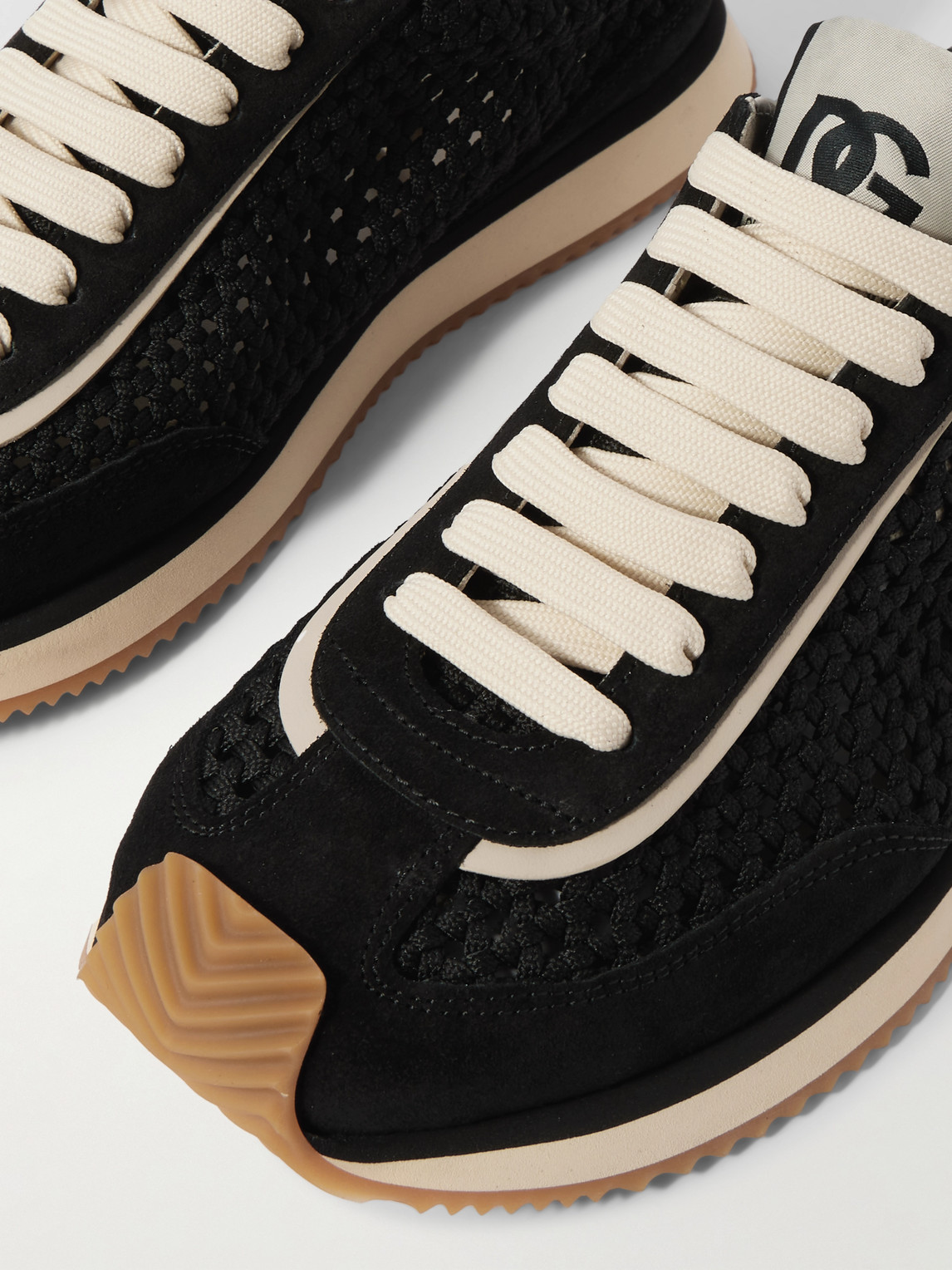 Dolce & Gabbana Dg Cushion Suede And Leather-trimmed Crocheted Sneakers In Black