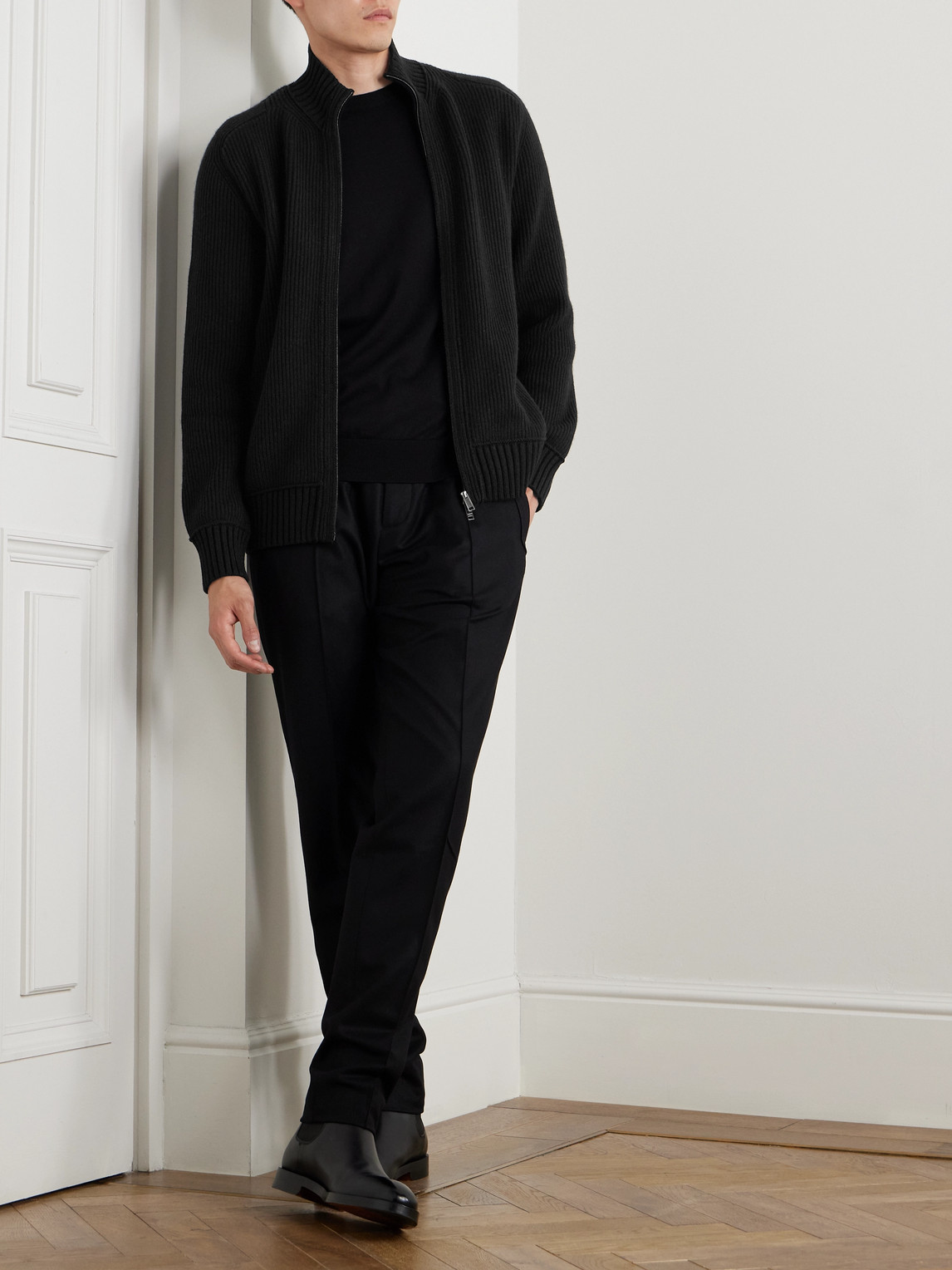 Zegna Ribbed Oasi Cashmere Zip-up Cardigan In Black