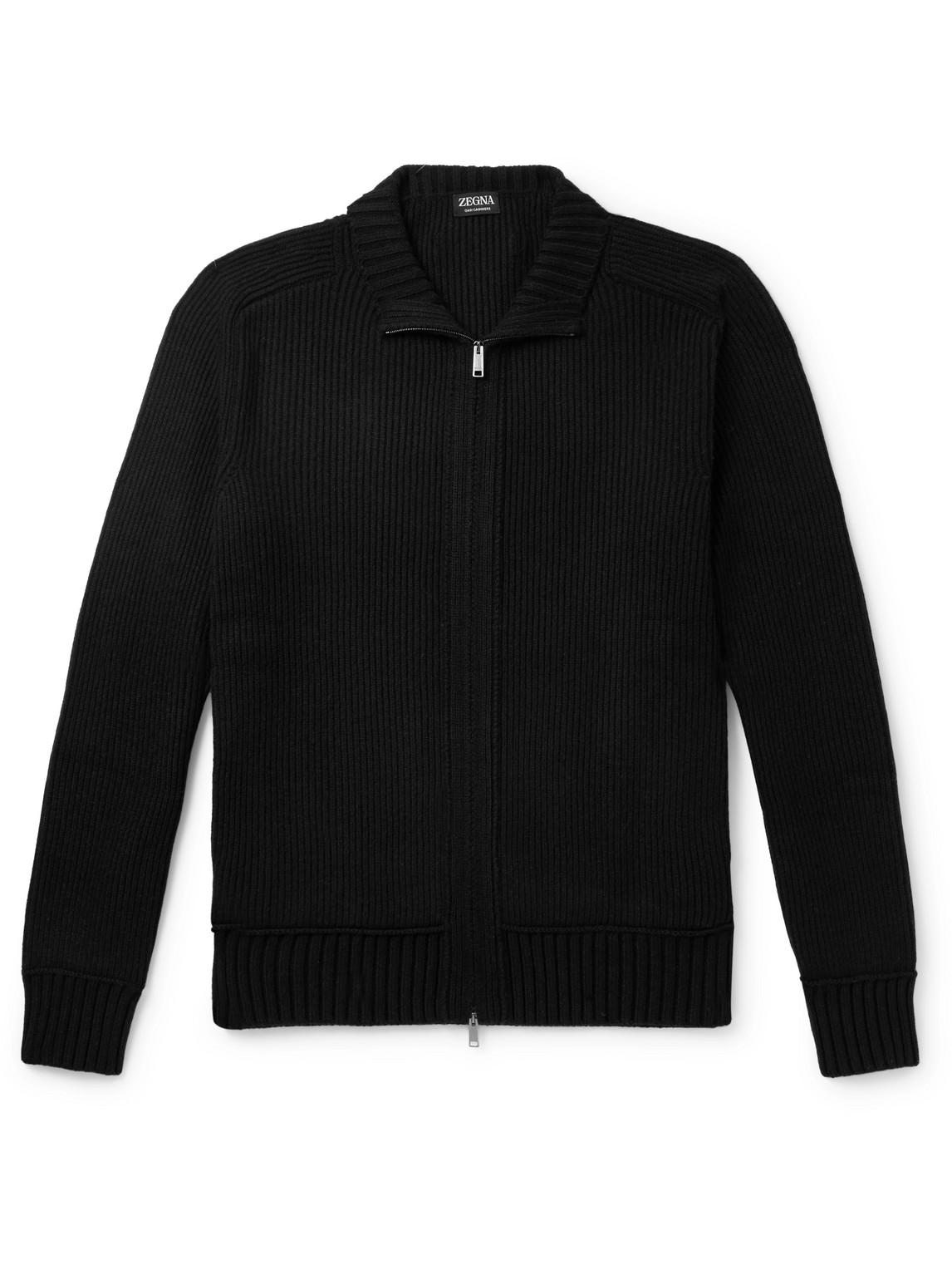 Zegna Ribbed Oasi Cashmere Zip-up Cardigan In Black