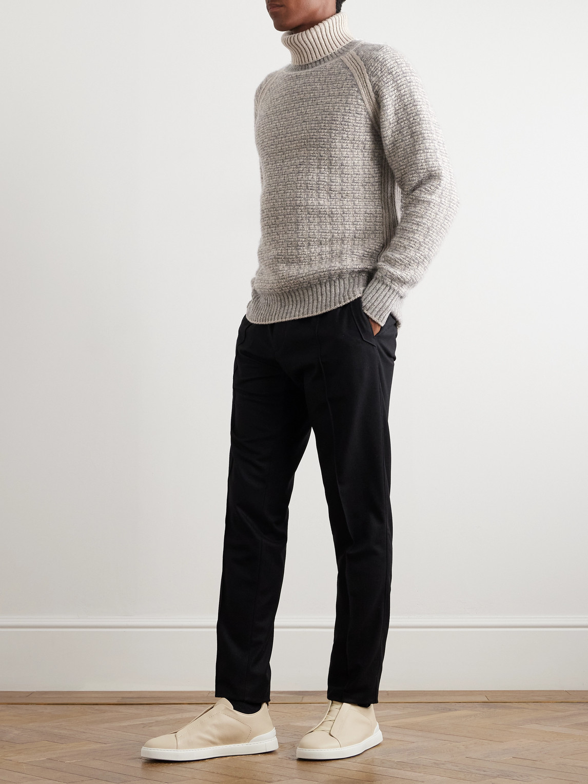 Zegna Ribbed Cashmere And Silk-blend Rollneck Sweater In Neutrals