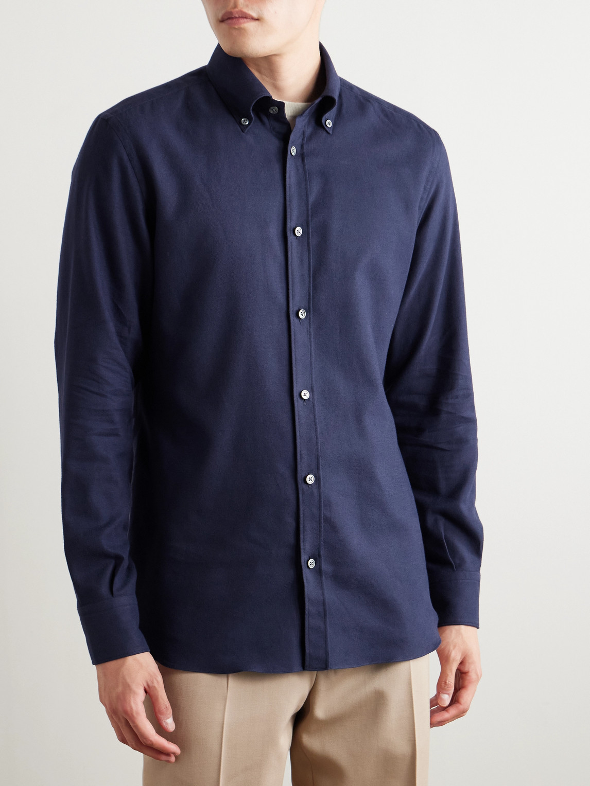 Zegna Button-down Collar Brushed Cotton-twill Shirt In Blue