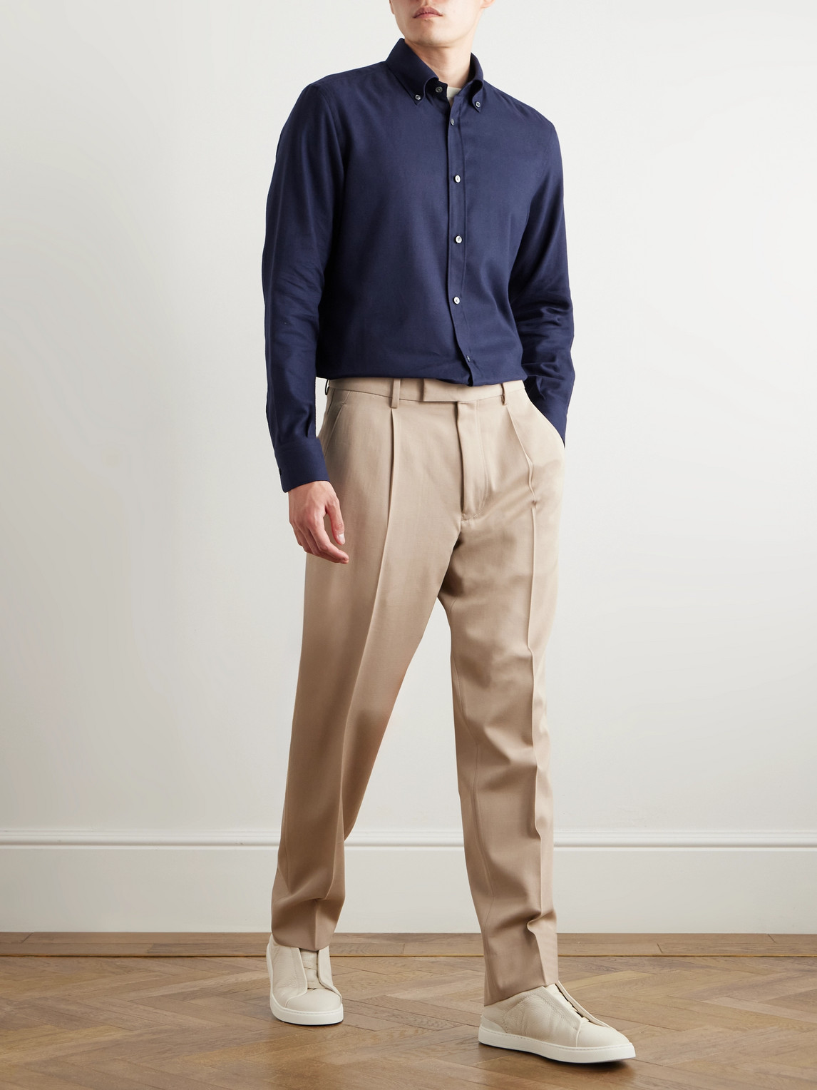 Zegna Button-down Collar Brushed Cotton-twill Shirt In Blue