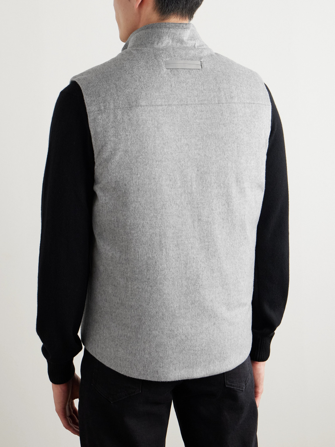 Shop Zegna Elements Leather-trimmed Oasi Cashmere Down Gilet In Gray