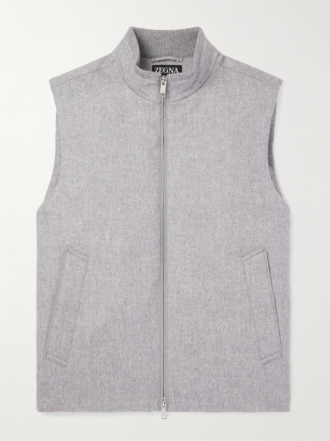 Zegna Elements Leather-trimmed Oasi Cashmere Down Gilet In Gray