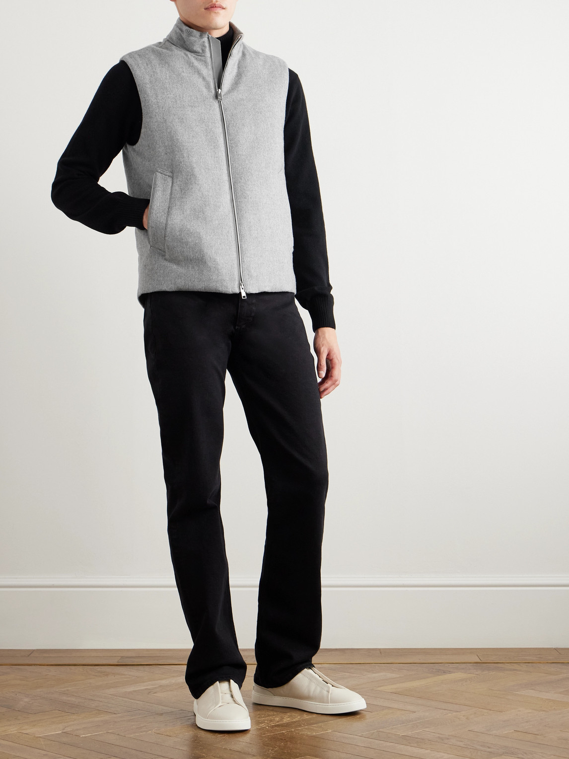 Shop Zegna Elements Leather-trimmed Oasi Cashmere Down Gilet In Gray