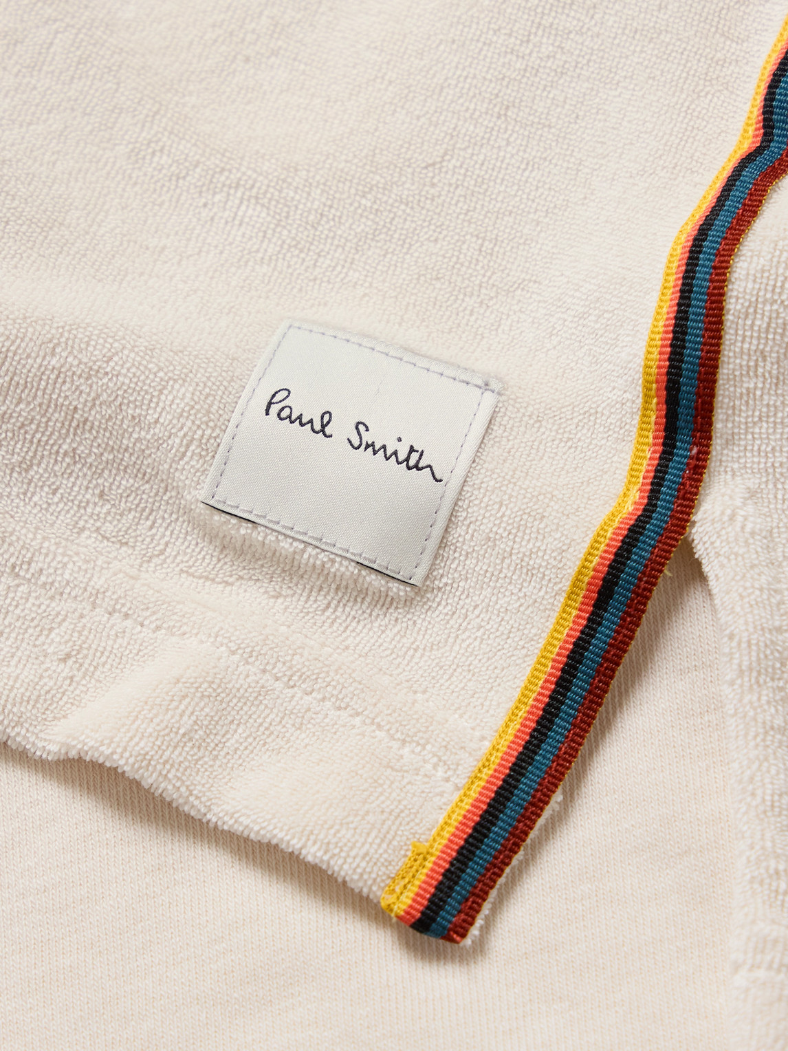 PAUL SMITH CAMP-COLLAR STRIPED GROSGRAIN-TRIMMED COTTON-BLEND TERRY SHIRT
