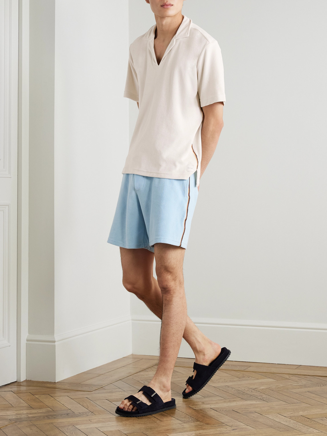 PAUL SMITH STRIPED GROSGRAIN-TRIMMED COTTON-BLEND TERRY SHORTS