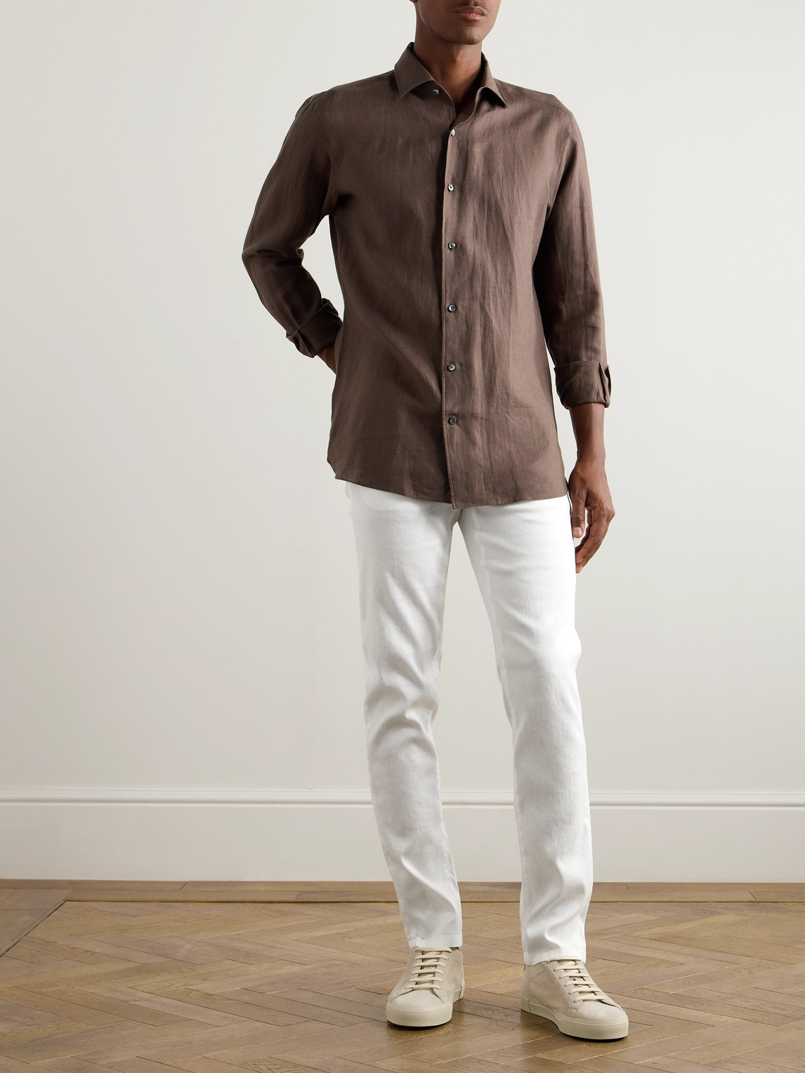 Zegna Roccia Slim-fit Straight-leg Garment-dyed Linen-blend Trousers In White