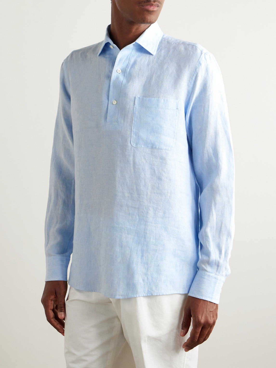 Zegna Oasi Linen Half-placket Shirt In Blue