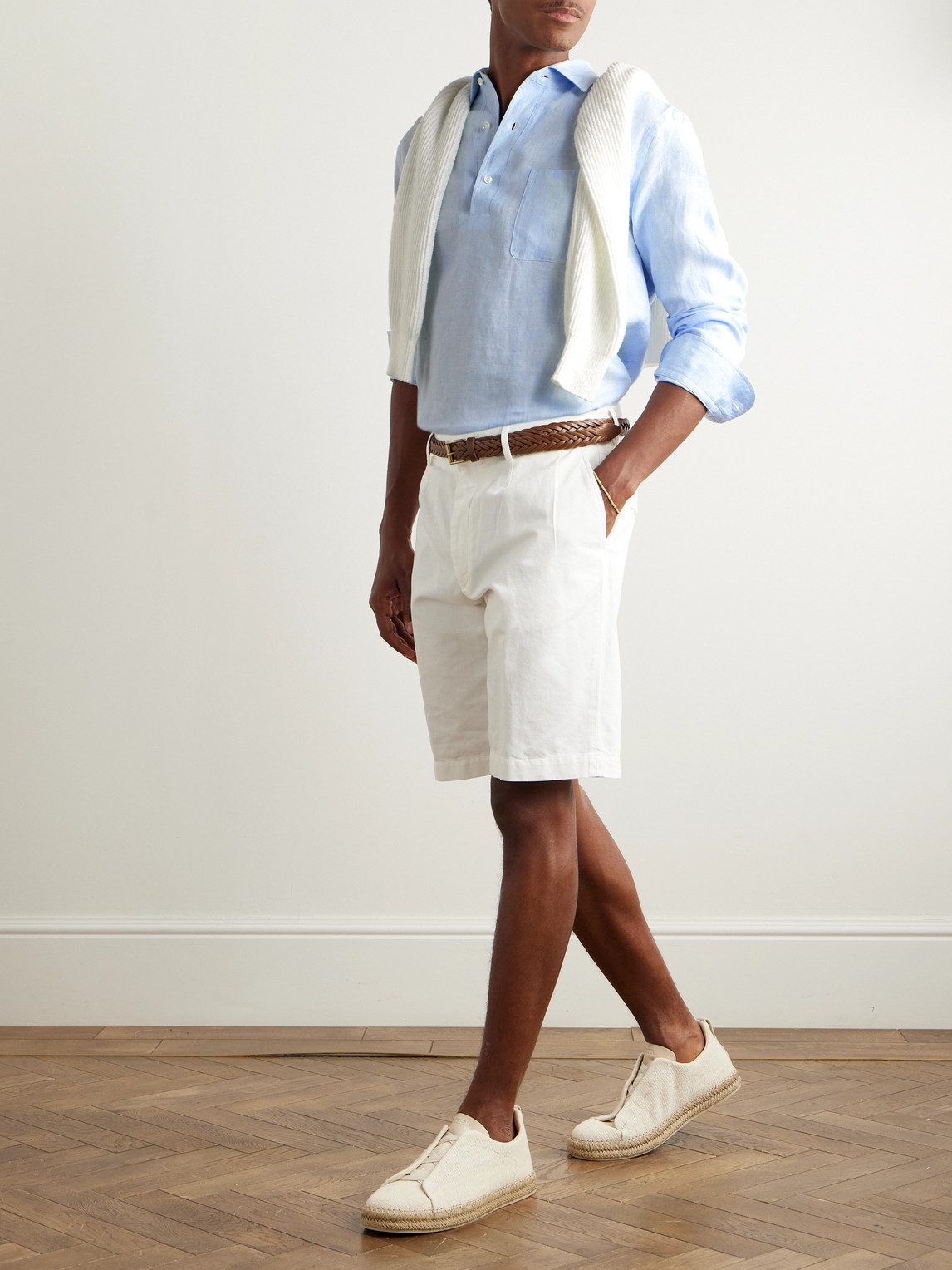 Zegna Oasi Linen Half-placket Shirt In Blue