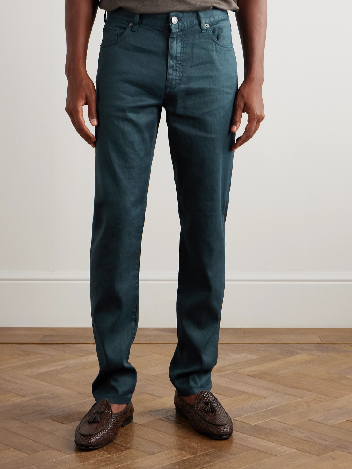 Zegna Roccia Slim-fit Straight-leg Garment-dyed Linen-blend Trousers In Blue