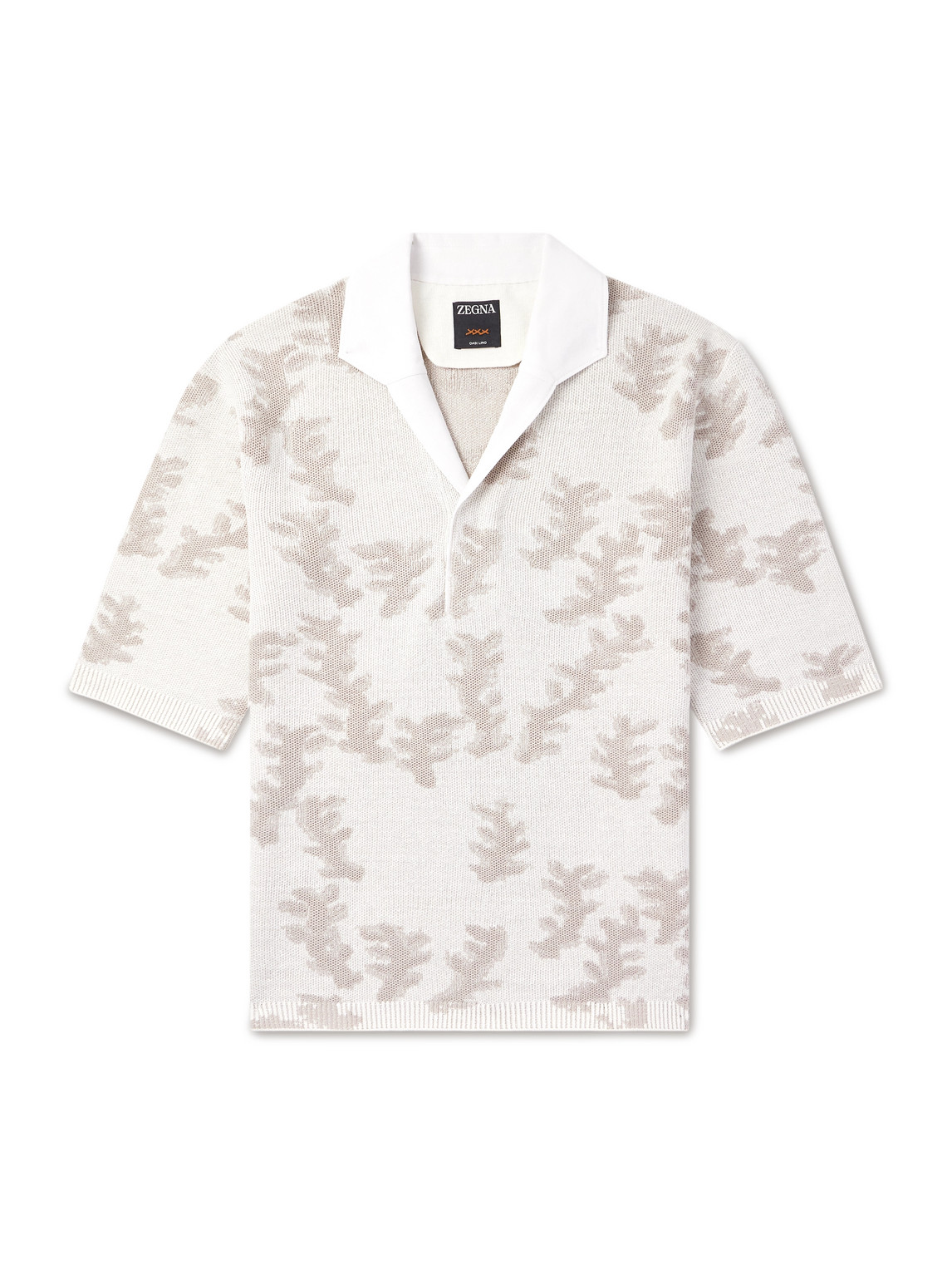 Camp-Collar Poplin-Trimmed Jacquard-Knit Oasi Linen Polo Shirt