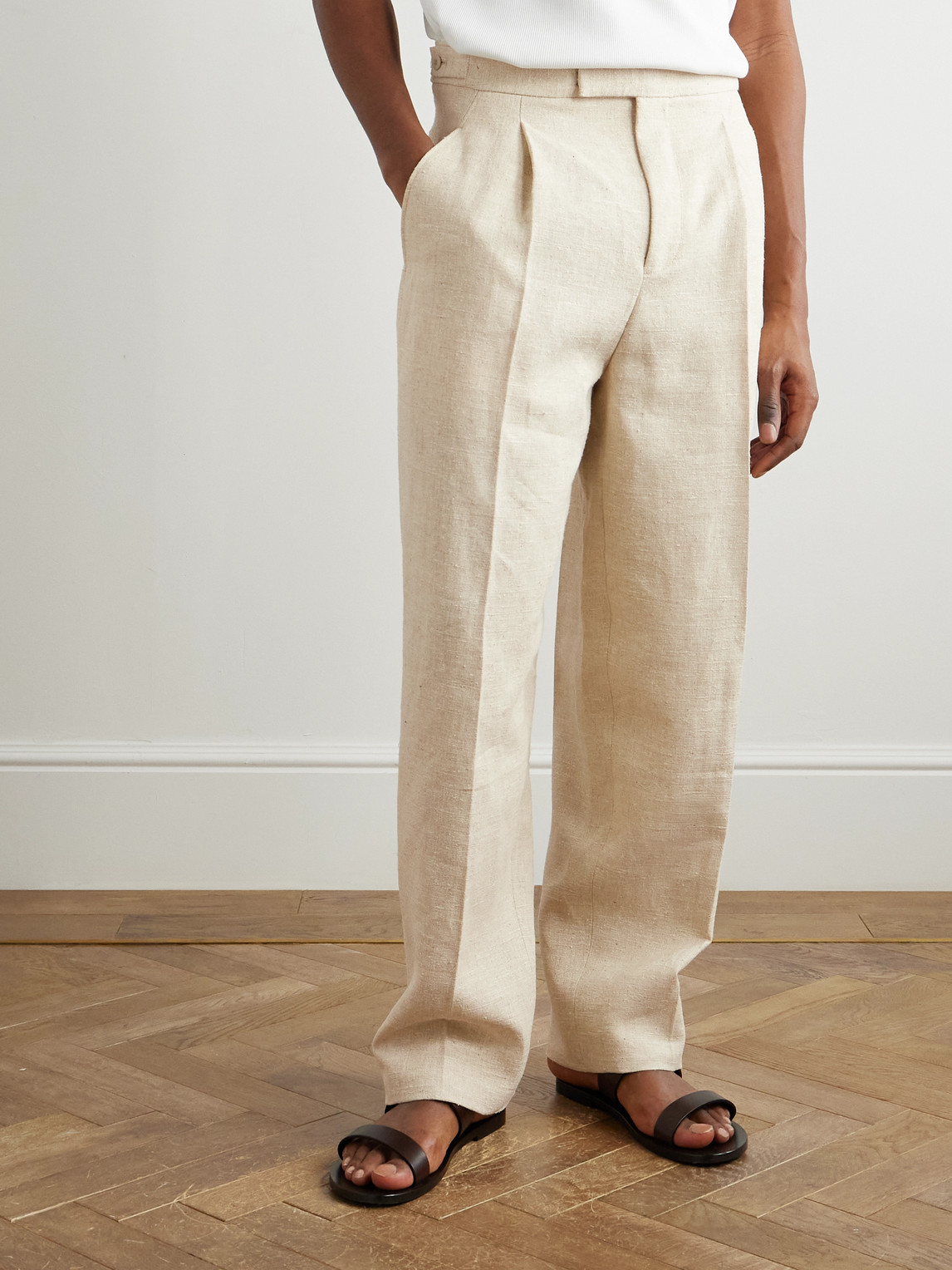 ZEGNA STRAIGHT-LEG PLEATED LINEN, SILK AND HEMP-BLEND TROUSERS
