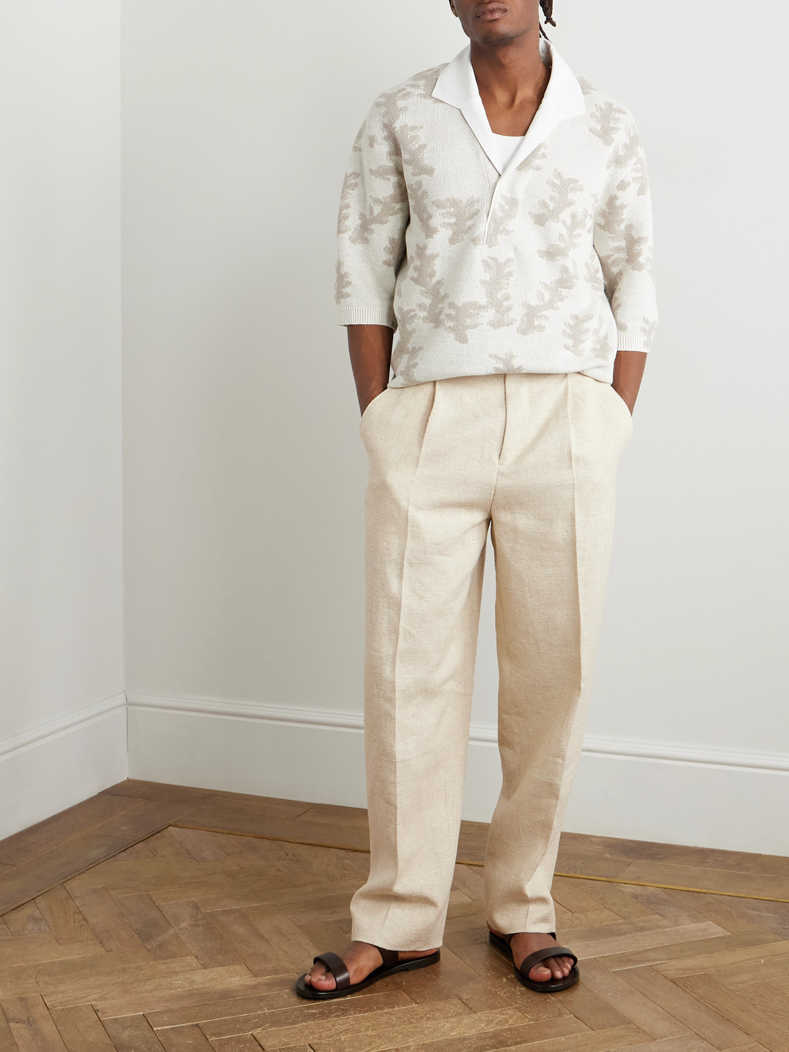 ZEGNA STRAIGHT-LEG PLEATED LINEN, SILK AND HEMP-BLEND TROUSERS