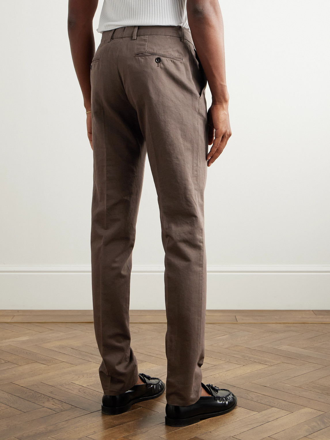 Zegna Slim-fit Tapered Cotton And Linen-blend Twill Trousers In Brown