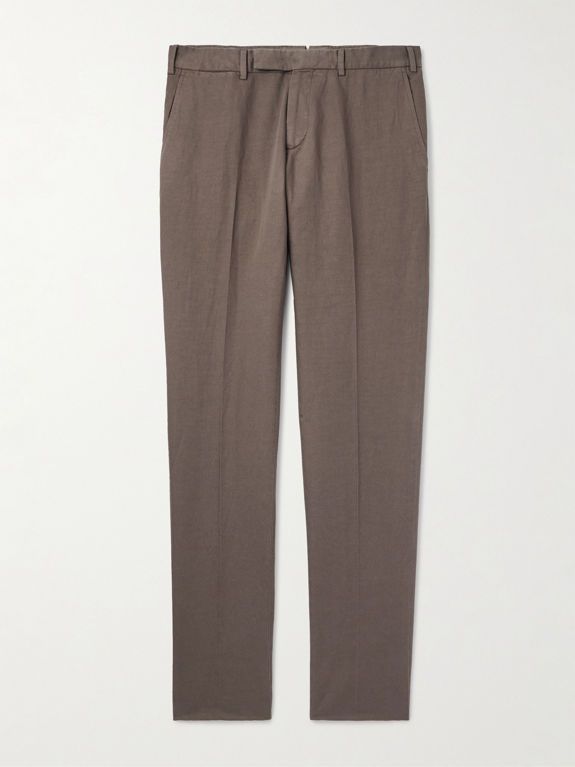 Zegna Slim-fit Tapered Cotton And Linen-blend Twill Trousers In Brown