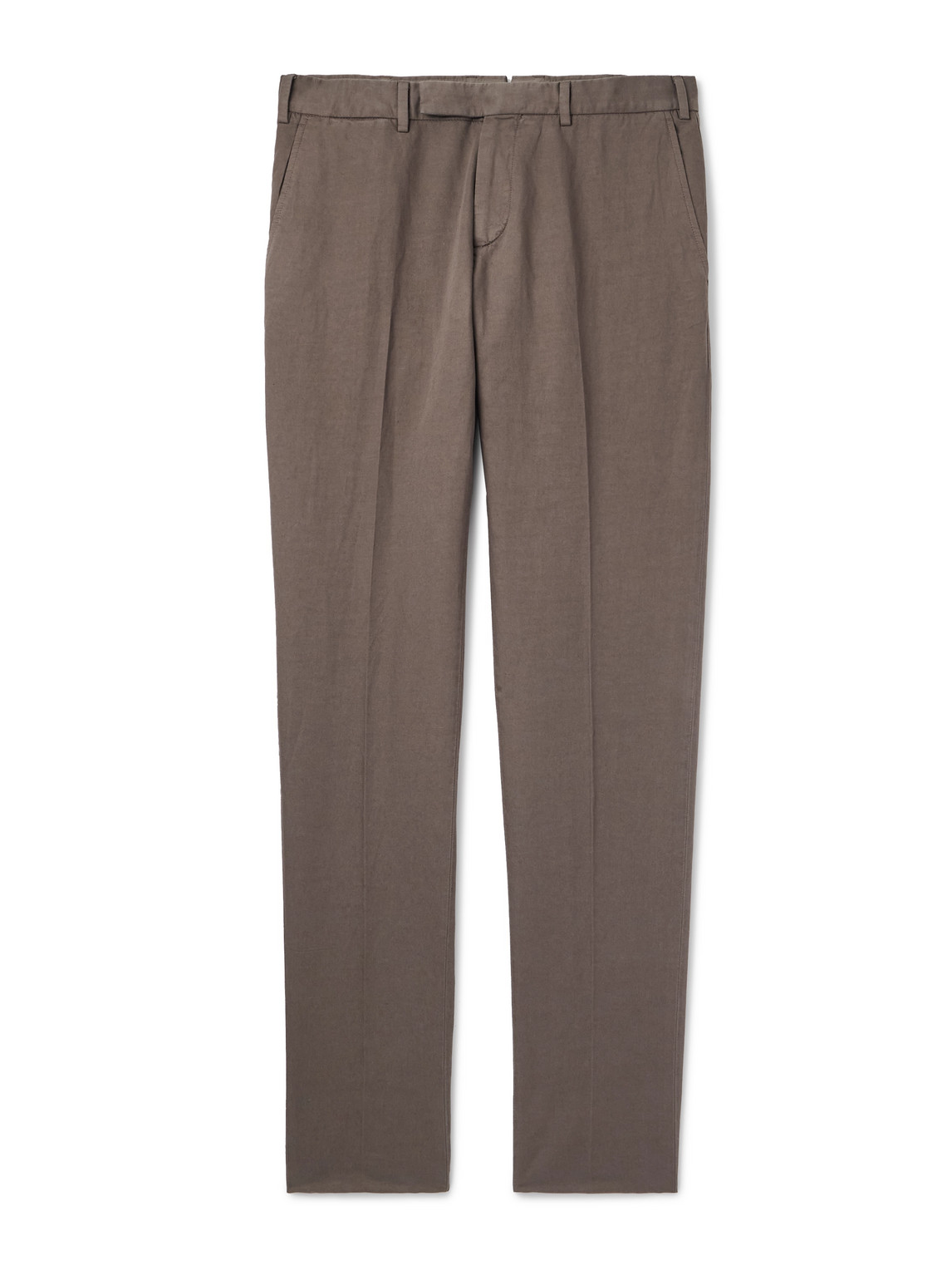 Zegna Slim-fit Tapered Cotton And Linen-blend Twill Trousers In Brown